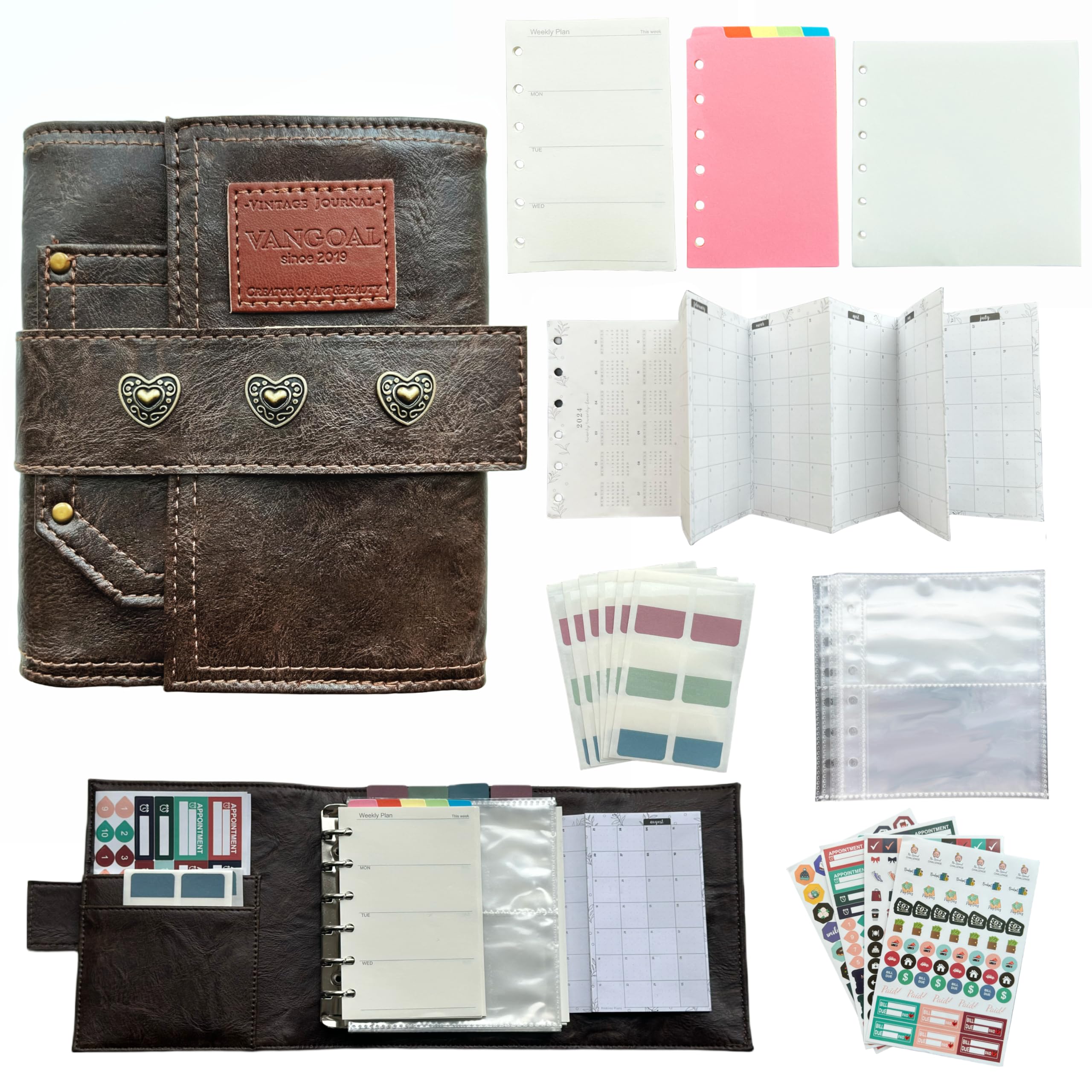 VANGOAL Leather Bound Journal, Refillable Spiral Bullet Journal with Card Pocket, 2024 Calendar Planner and Stickers, Vintage Dairy Notebook Travel Journal for Women Men Kids Students(Size 6.3x5.9)