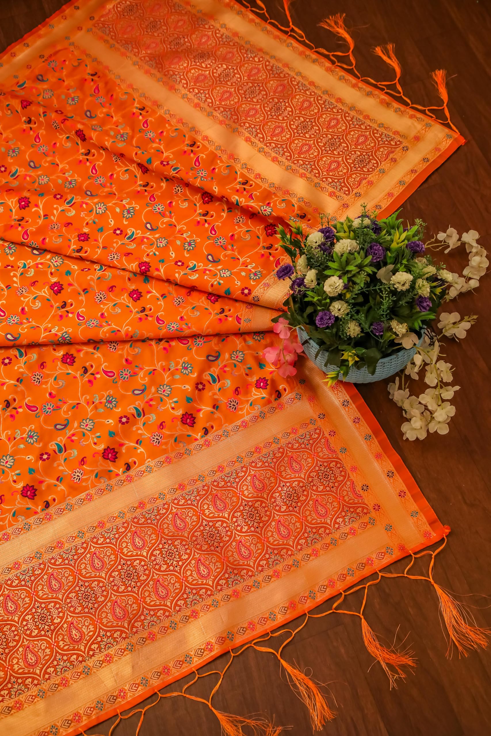 DEVANGI Women's Woven Banarasi Kashmiri Silk Jacquard Dupatta/Chunni with Meena Work, Width 1 Meter, Length 2.5 Meter (OM-DT-21-ORANGE-F) 1