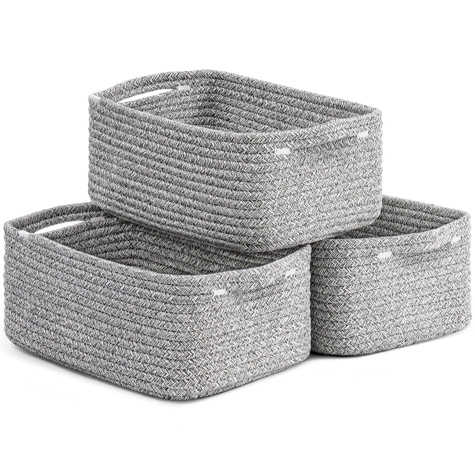 Timeyard White & Gray Storage Baskets, Small Shelf Baskets For Organizing, Baby Toy Storage For Gifting, Woven Rope Basket For Nursery Organization 3 Pack, 28 X 18 X 11 Cm