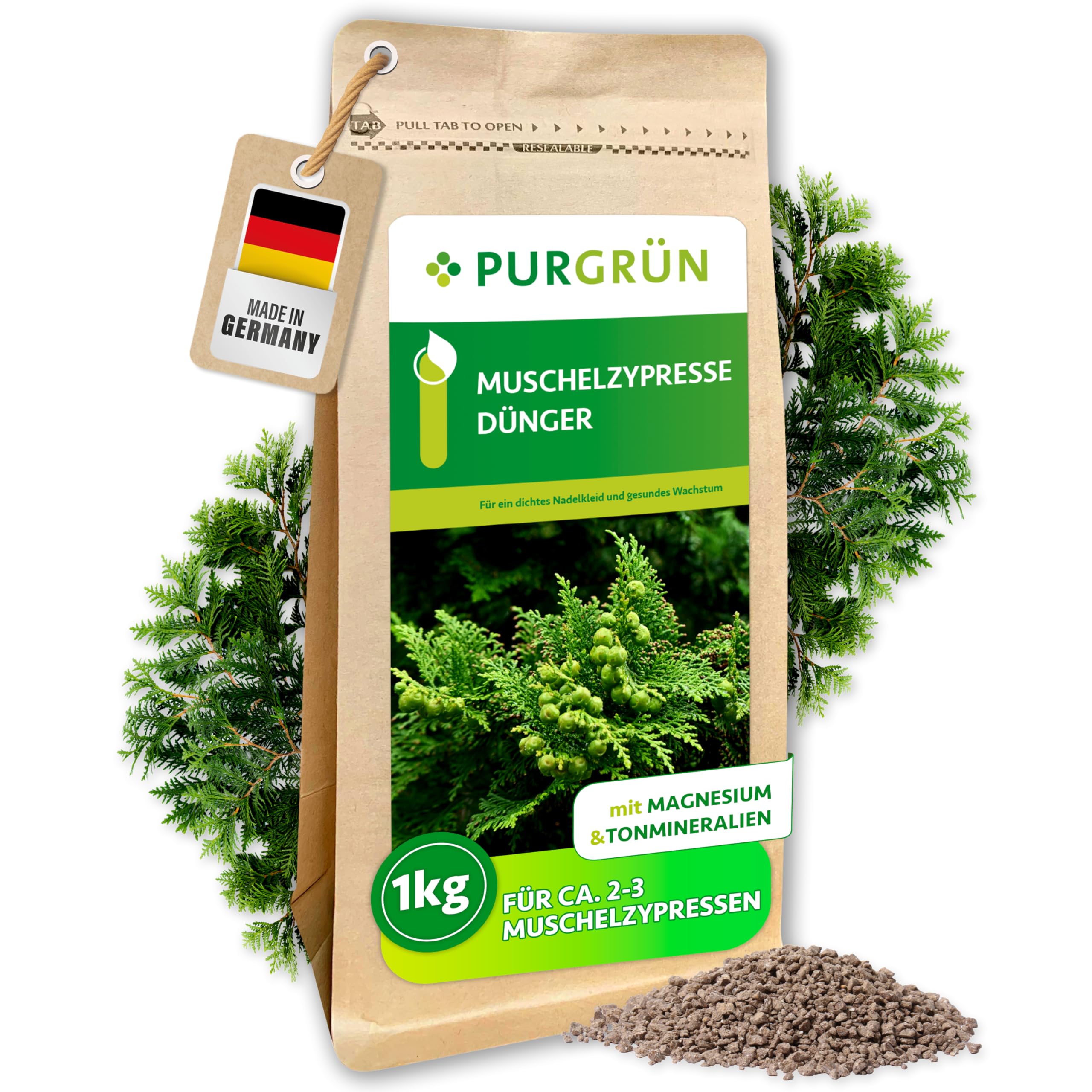 Purgrn Muschelzypresse-Dnger 1 kg  Organisch-mineralische Rezeptur   Feinkrniges Krmelgranulat  NPK 9+4+8  Extra Magnesium fr leuchtend  grne Nadeln  Verbessert die Bodenqualitt : Amazon.de: Garten
