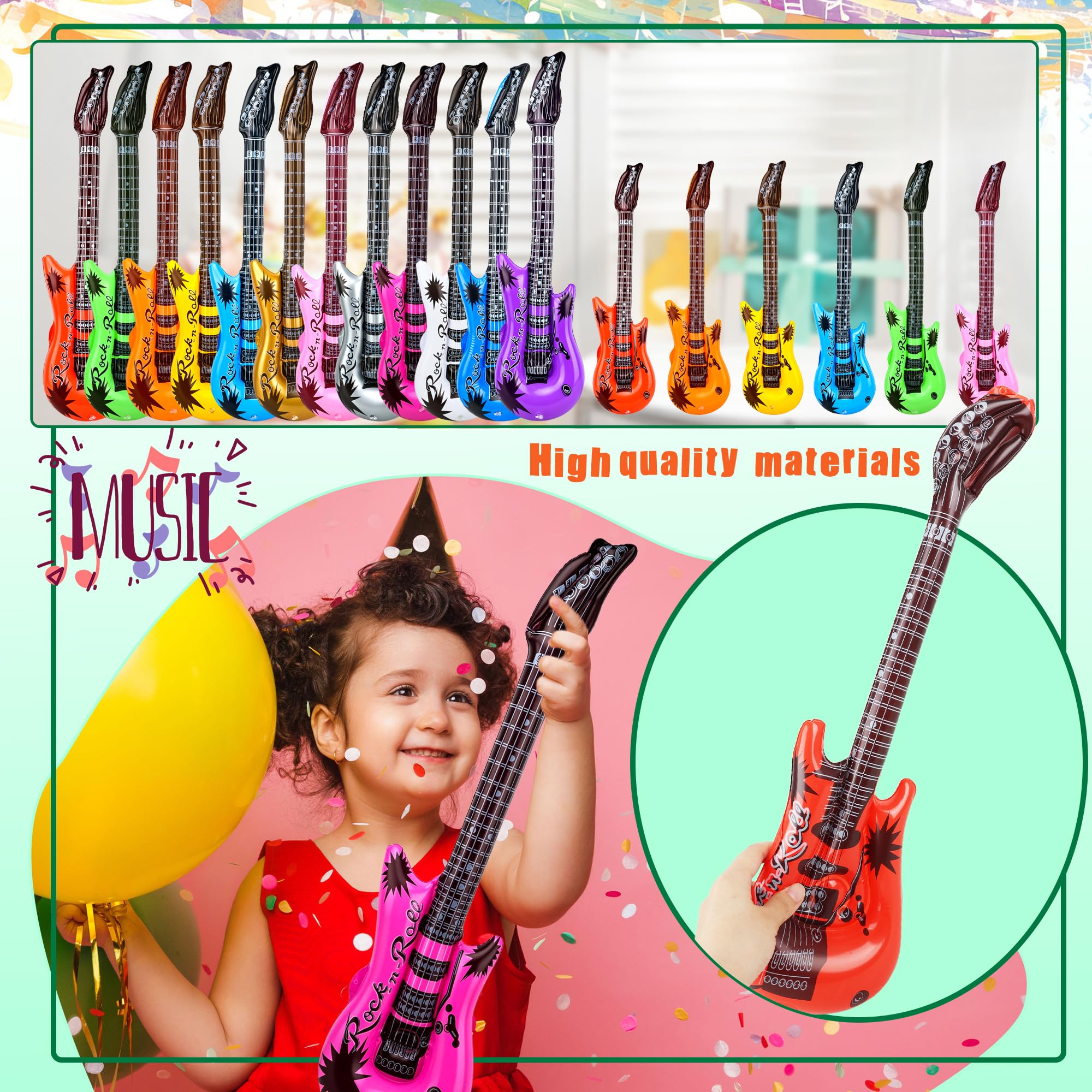 42 guitarras inflables incluyen 18 guitarras inflables de estrella de rock de 21.7 pulgadas y 24 guitarras inflables de 37.4 pulgadas con 2 bombas de aire rojas para fiestas de los años 80 y