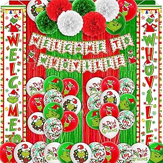64Pcs Whoville Christmas Decorations Welcome To Whoville Banner Green Door Banner Welcome Porch Sign Hanging Banner Outdoor Christmas Decorations and Christmas Balloons for Christmas Party Supplies