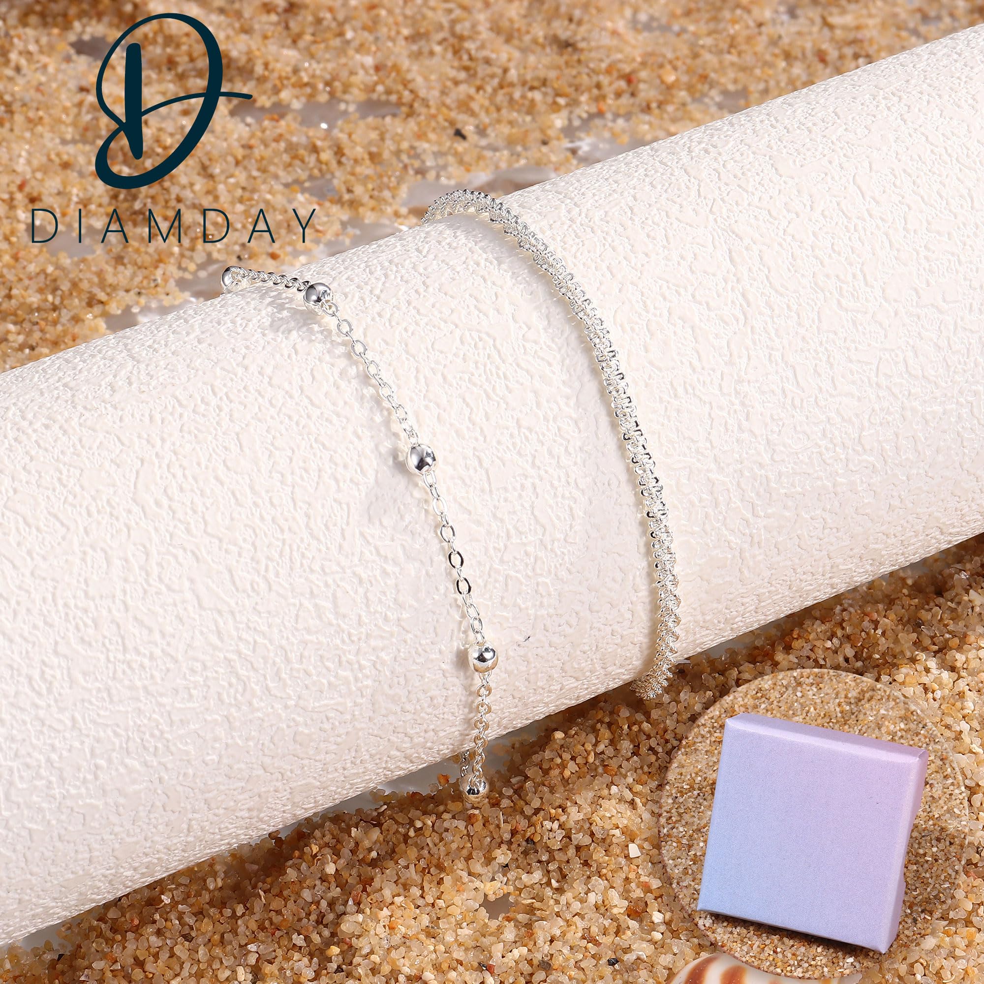Diamday 2Pcs Cavigliera da Donna Argento 925 Cavigliere Argento Oro Regolabile Delicato Bracciali Caviglia Impermeabile Cavigliera Gioielli Spiaggia Cavigliere a Strati per Donna