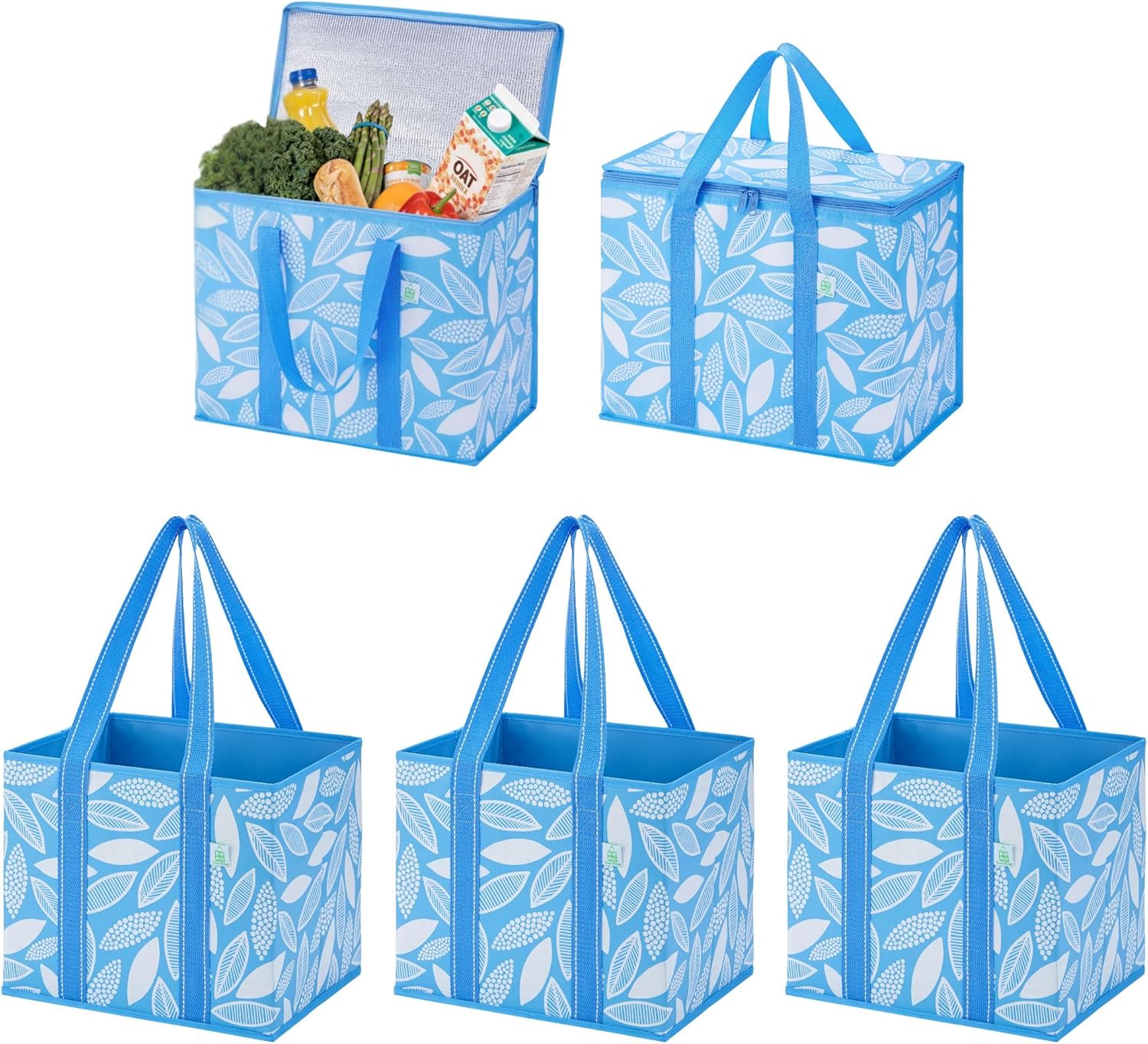 VENO 5 Pack Heavy-Duty Reusable Grocery Bags (2 Pack Insulated Grocery Bag w/Hard Bottom+ 3 Pack Sturdy Grocey Bags)