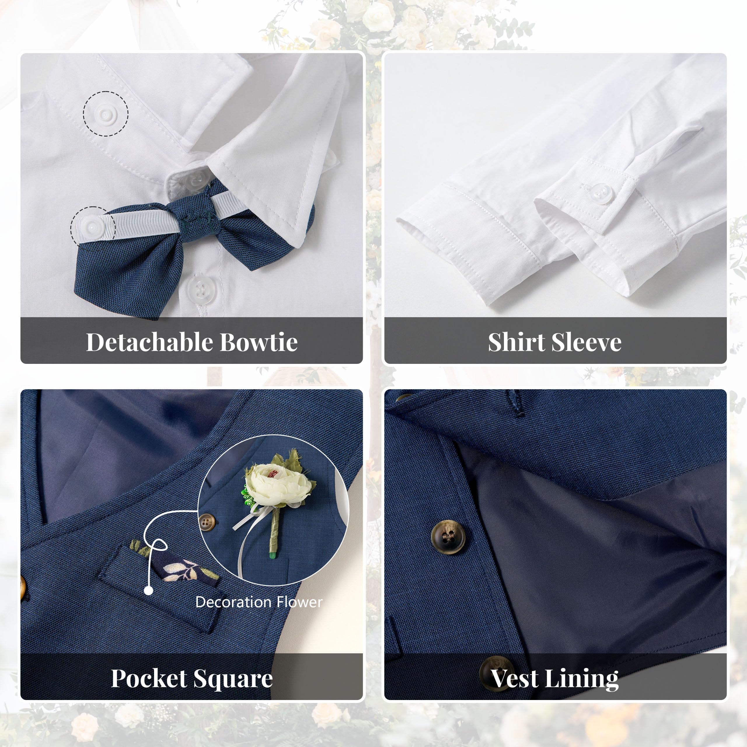 Volunboy Completo Elegante Bambino, Ragazzi Cerimonia Nozze Vestito 4 Pezzi Maniche Lunghe Camicie + Papillon + Gilet + Pantaloni