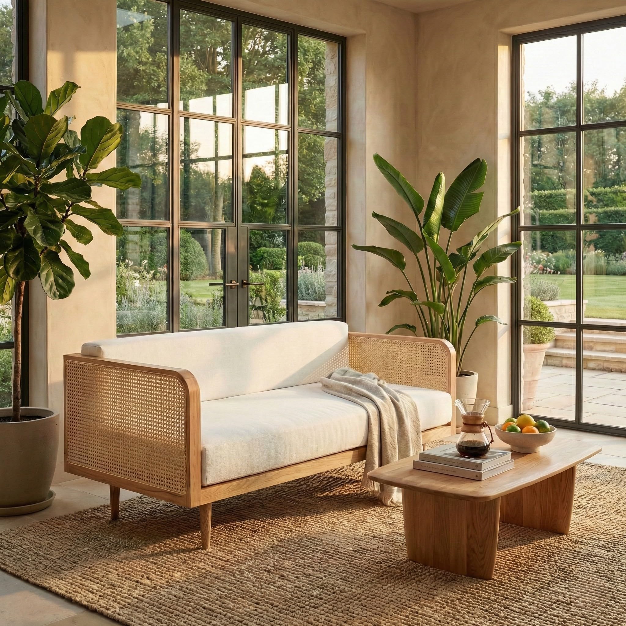 Safavieh Couture Helena French Mid-Century Natural and Beige Rattan Daybed