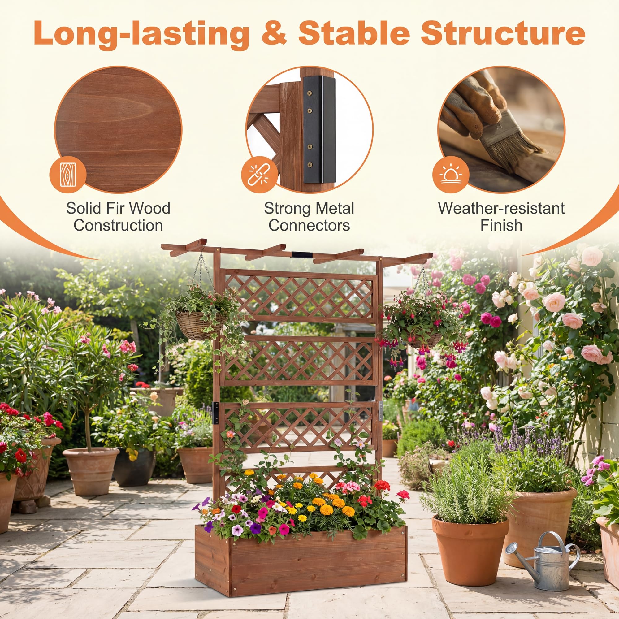 HOMASIS Orto Rialzato con Grigliato e Tetto da Giardino, Letto per Aiuola, Fioriera per Piante, Fiore, Rampicanti, Vasi, in Legno Massello, per Esterno, Terrazza, 100 x 55 x 183 cm, Marrone Scuro