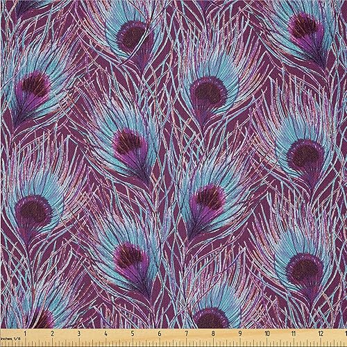 Ambesonne The Yard, tela de plumas de pavo real, diseño retro ondulado de colores ondulados en la parte trasera morada, tela de microfibra para