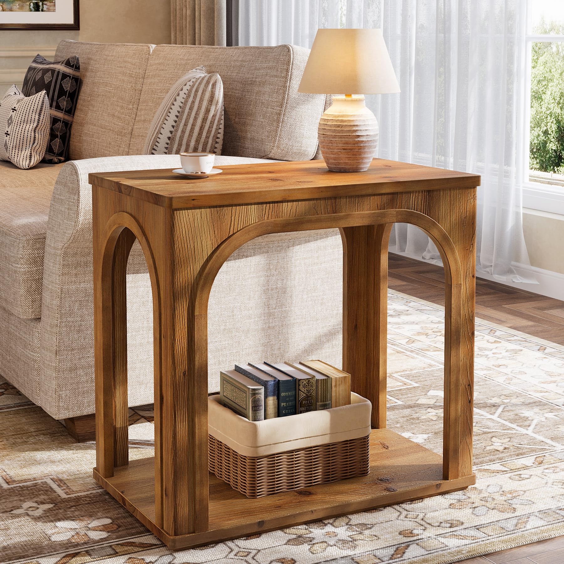 Tribesigns Arched Side Table, 2-Tier Farmhouse Solid Wood End Table with Bottom Shelf, Wooden Night Stand for Living Room, Bedroom, Rustic Brown (1)