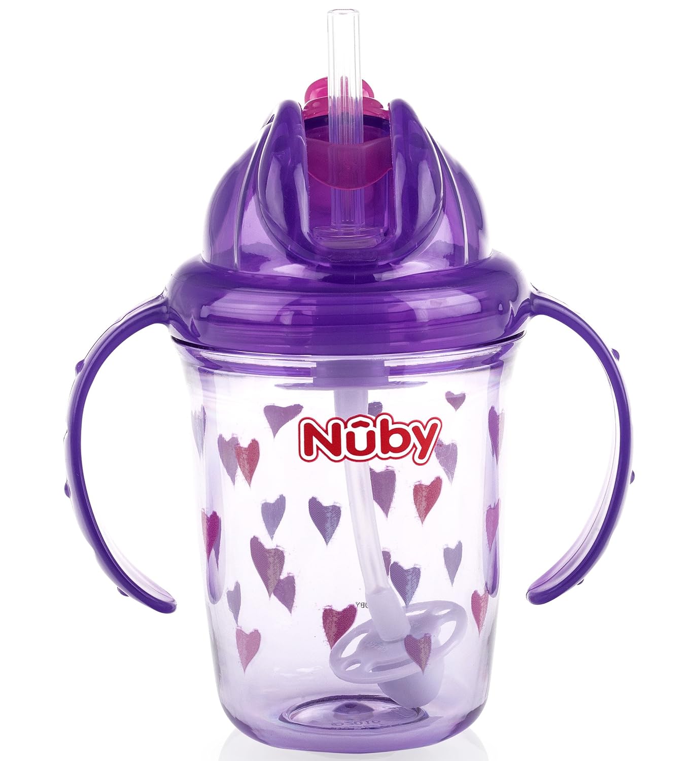 Nuby 2-Handle Printed No-Spill Thin Flip-It W/360 Weighted Straw Cup, Hearts/Purple