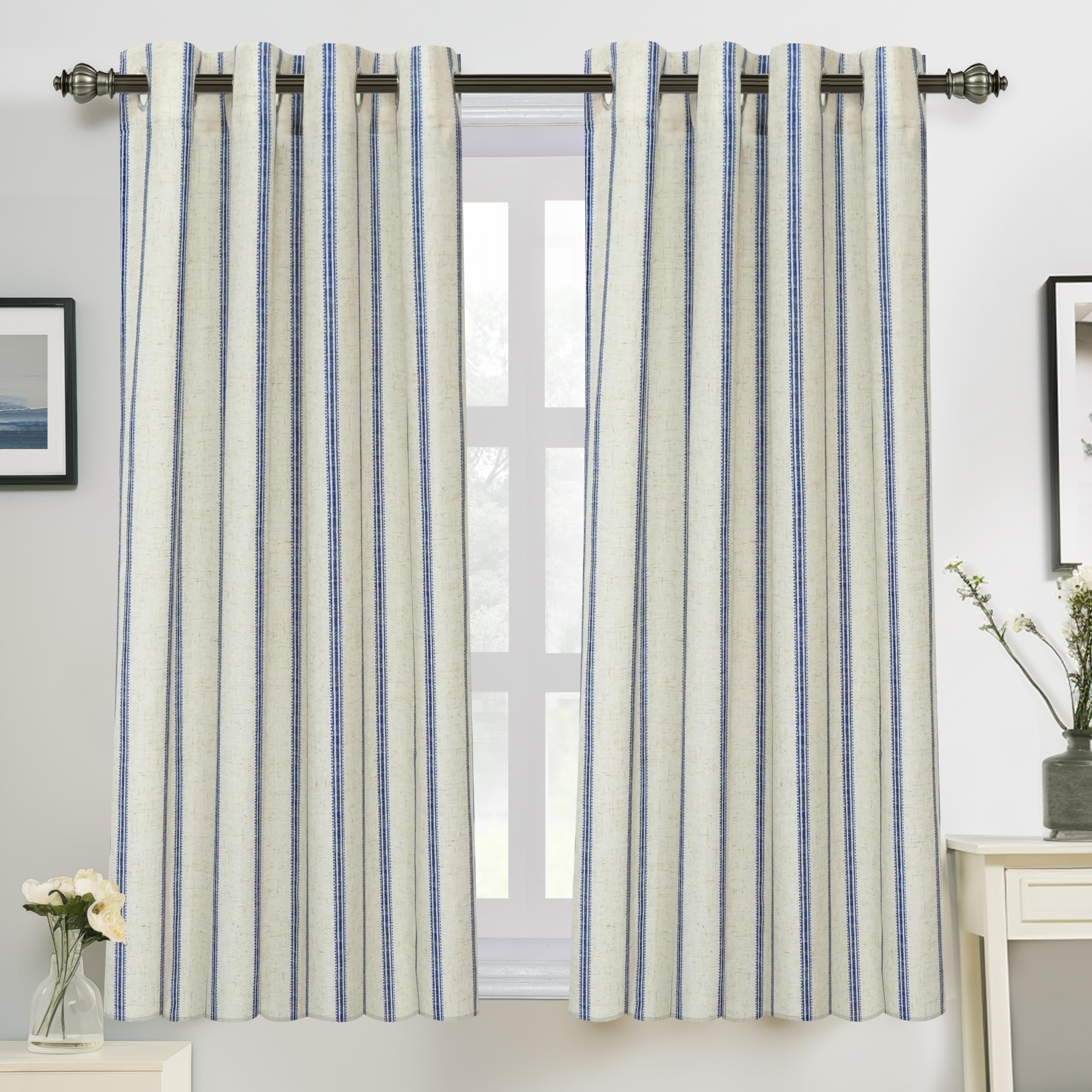 DriftAway Farmhouse Linen Blend Blackout Curtains 54 Inches Long for Bedroom Vertical Striped Printed Linen Curtains Thermal Insulated Lined