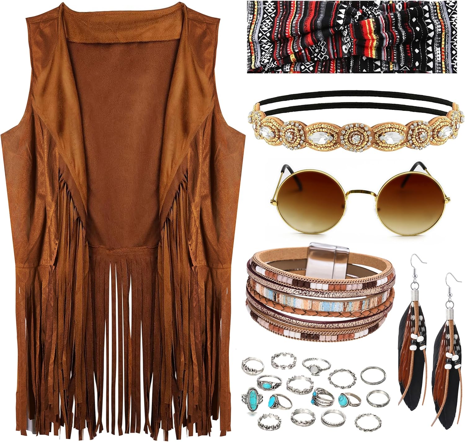 60s 70s Outfit for Women Hippy Accessories Fringe Hippie Vest Clothes for Halloween Disco Party Hippie Costume Set