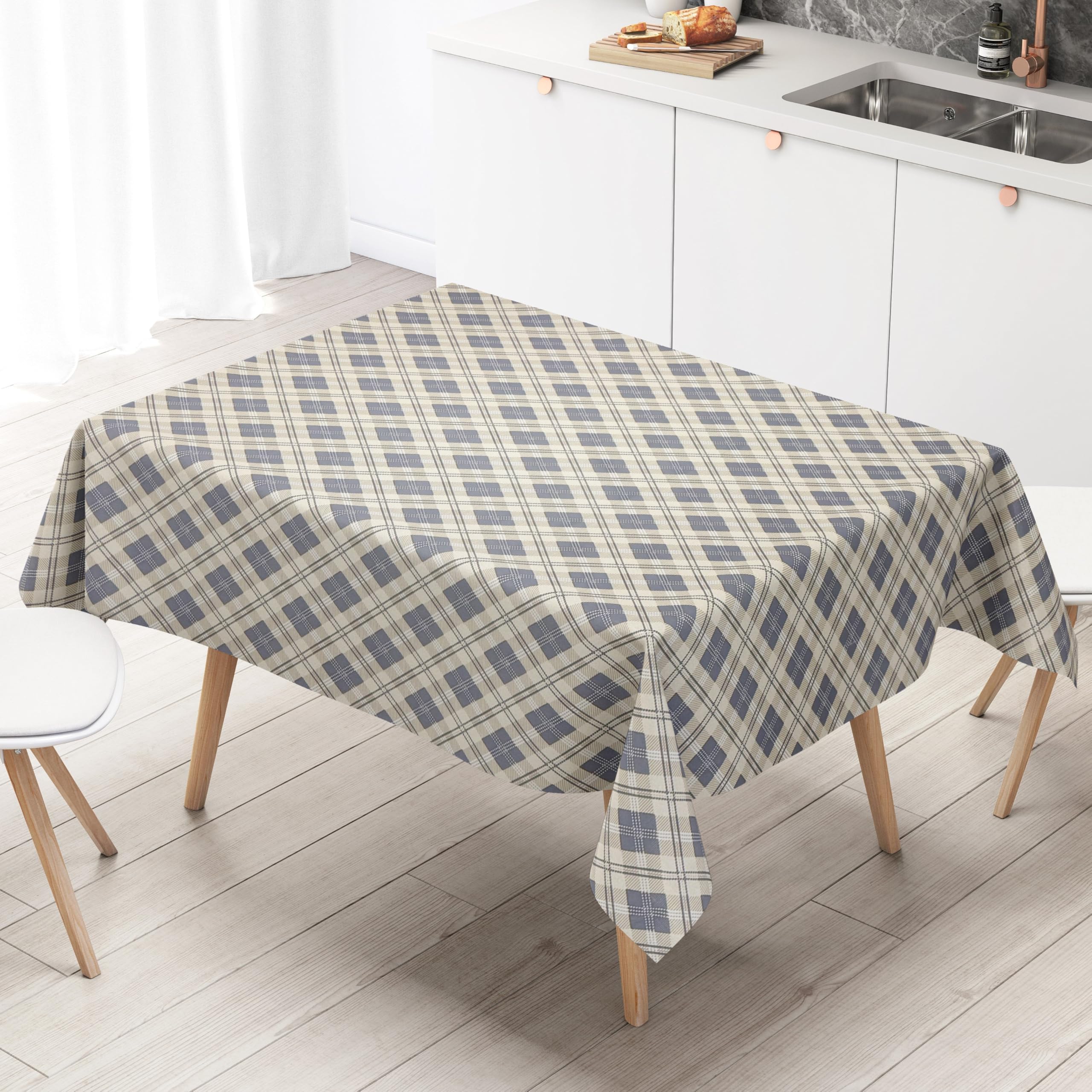 KEVKUS Wachstuch Tischdecke geprägt P1202-4 beige hellblau Raute Karo wählbar in eckig, rund und oval - Größe oval 140x220cm mit Paspelband