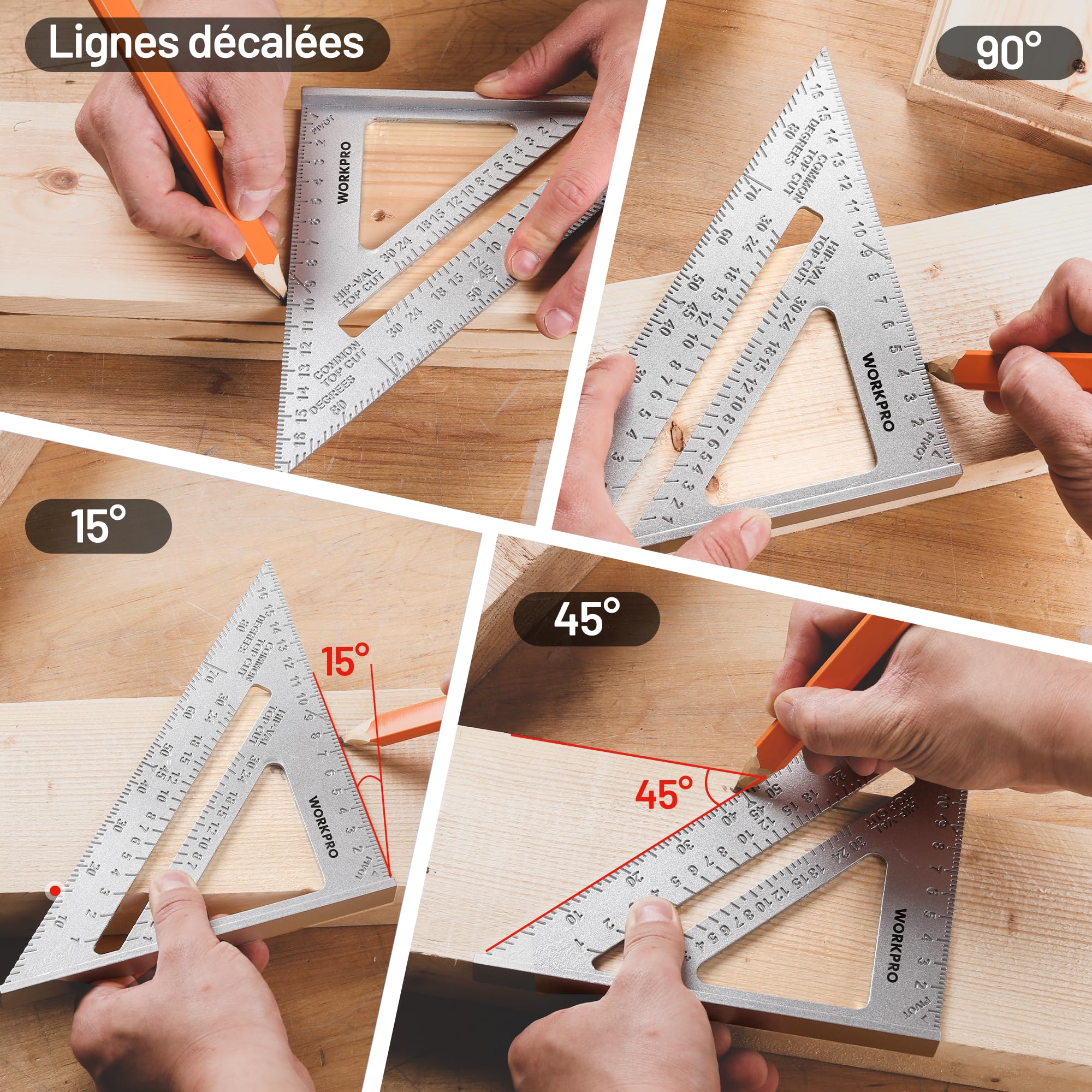 WORKPRO Equerre Menuisier 300 mm et Equerre Charpentier Triangulaire 180mm, Equerre Combinée avec Niveau à Bulle en Acier Inoxydable, Ensemble d'Outils d'Equerre pour Bricolage, Outillage, Menuiserie