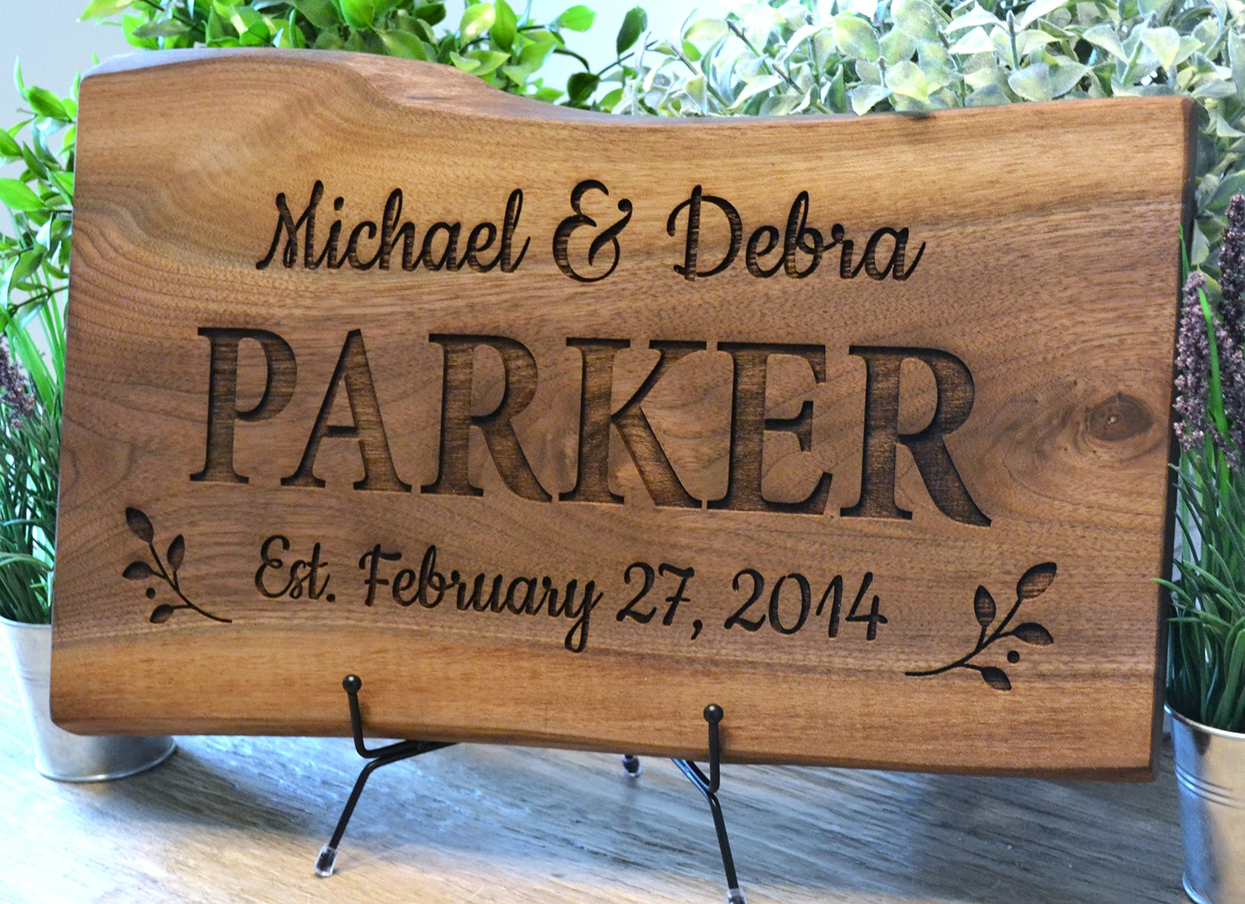 Personalized Cutting Board Wedding Gift Elegant Walnut Polished Live Edge Wood Display Custom Engraved Rustic Unique Anniversary Bride Groom Newlywed Couple Parents Housewarming (Wedding Branches)