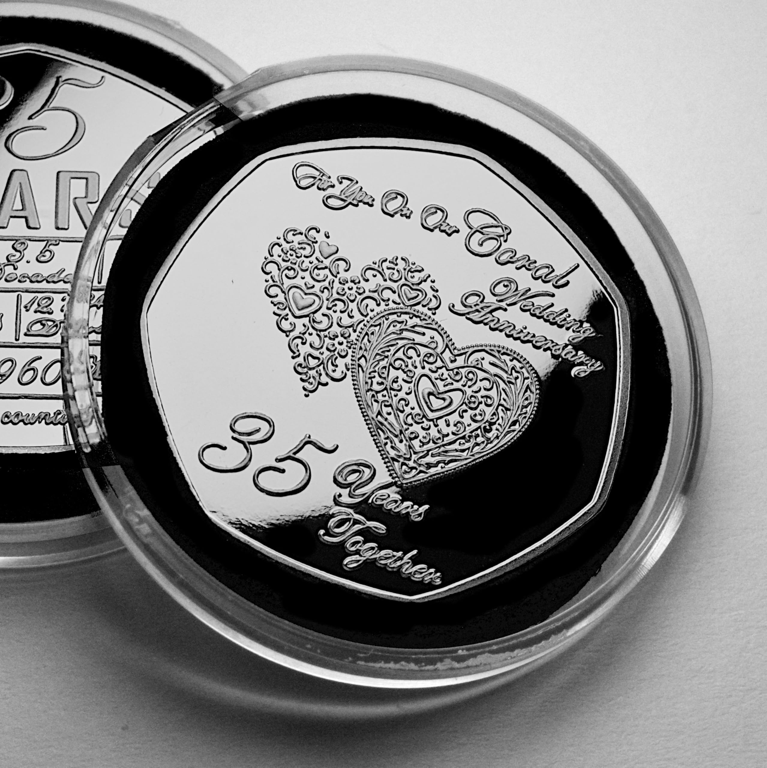 The Commemorative Coin Company ON OUR 35th CORAL WEDDING ANNIVERSARY Silver Commemorative in Capsule. Husband/Wife/Partner 35 Years Together Gift/Present/Token/Love