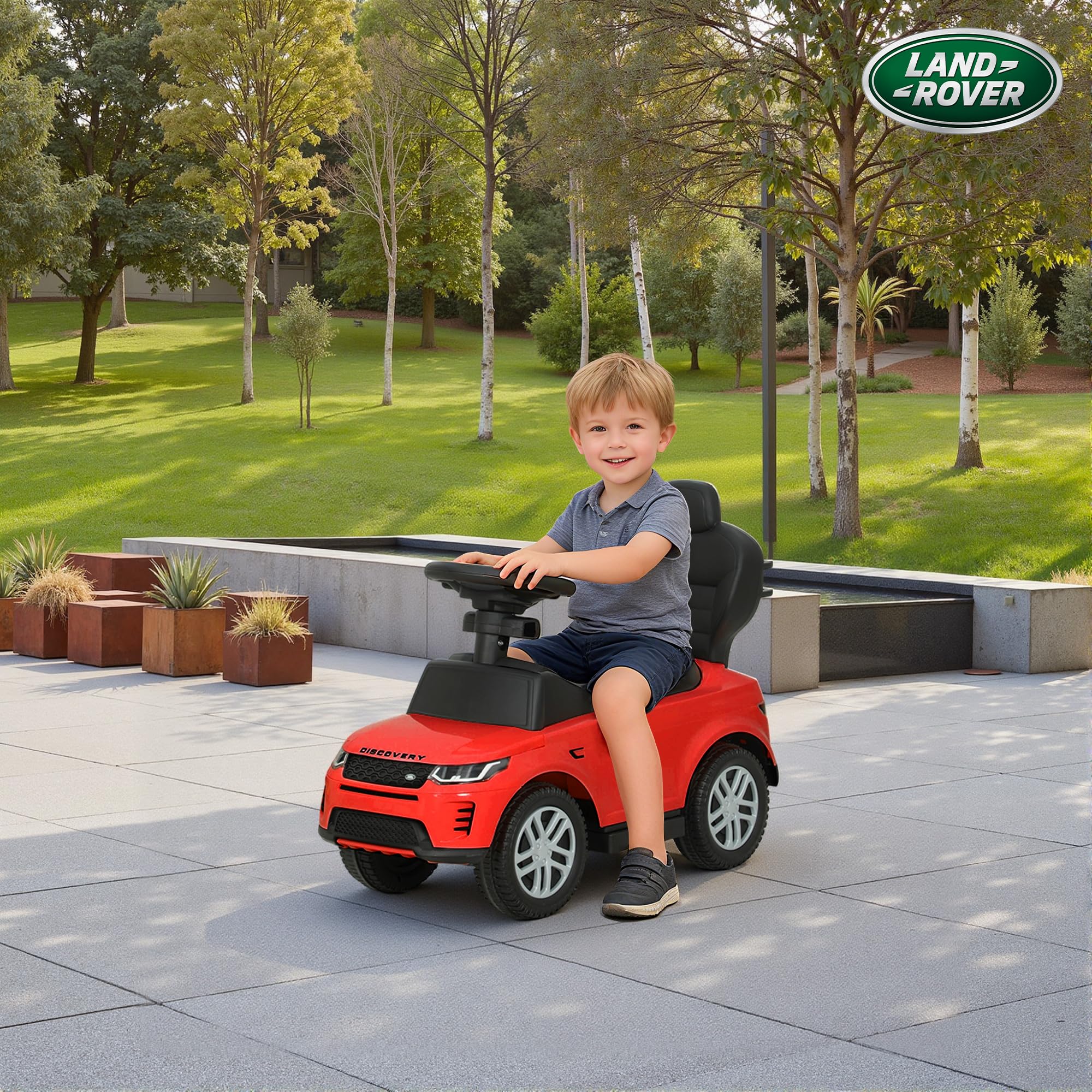 AIYAPLAY Coche Correpasillos 2 en 1 para Niños de 18-36 Meses Land Rover Discovery, Correpasillos con Espacio de Almacenaje, Bocina, Volante, Mango de Empuje y Barandilla Extraíbles, Rojo