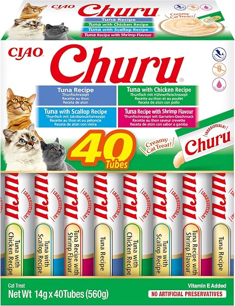 INABA Churu Cat Treat, Tuna & Seafood Variety Box, 40 Sticks x 14g