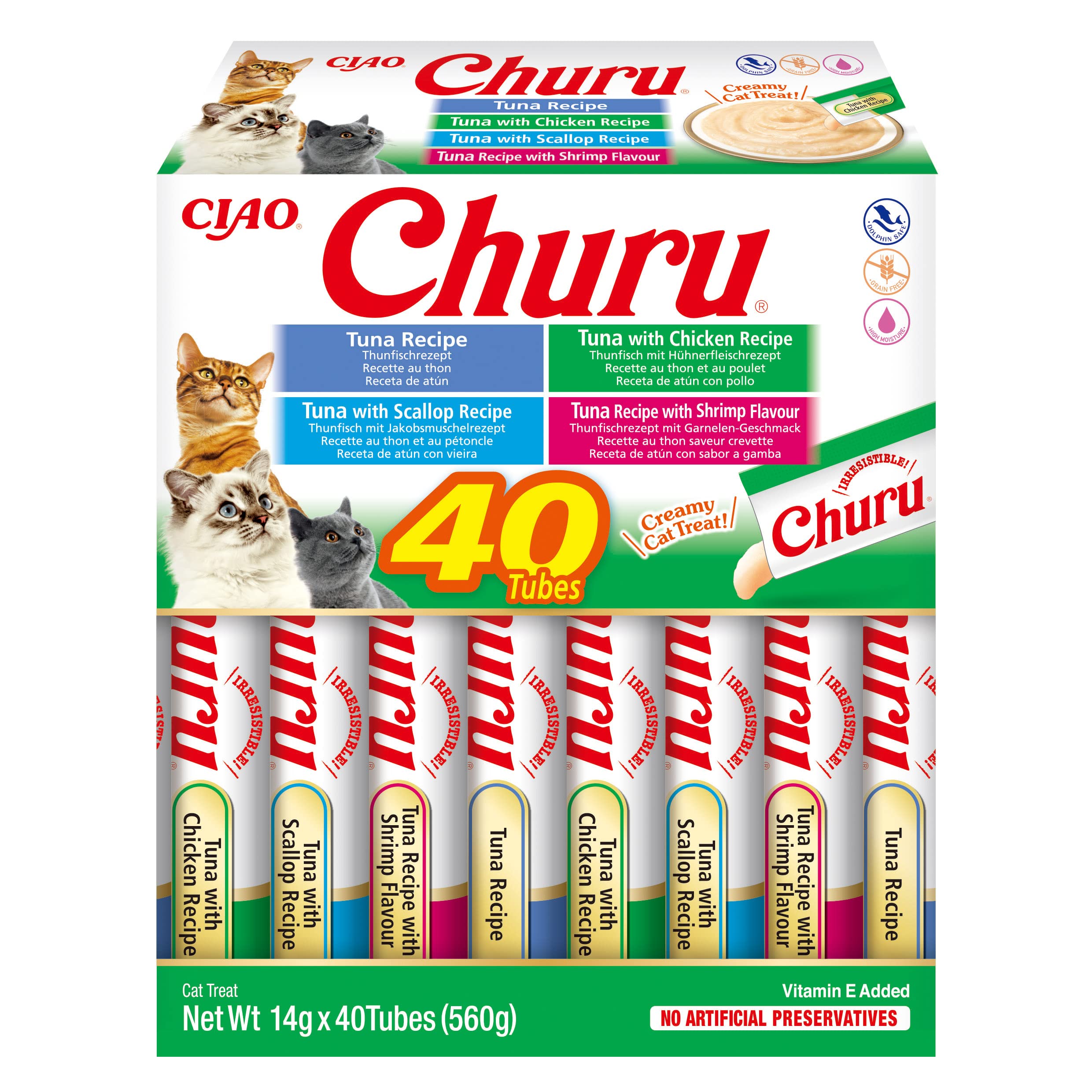 INABA Churu - 4 Sabores Puré de Marisco y Atún - Deliciosos Snacks para Gatos - Textura Suave y cremosa - Comida para Gatos - 40 Tubos x 14g