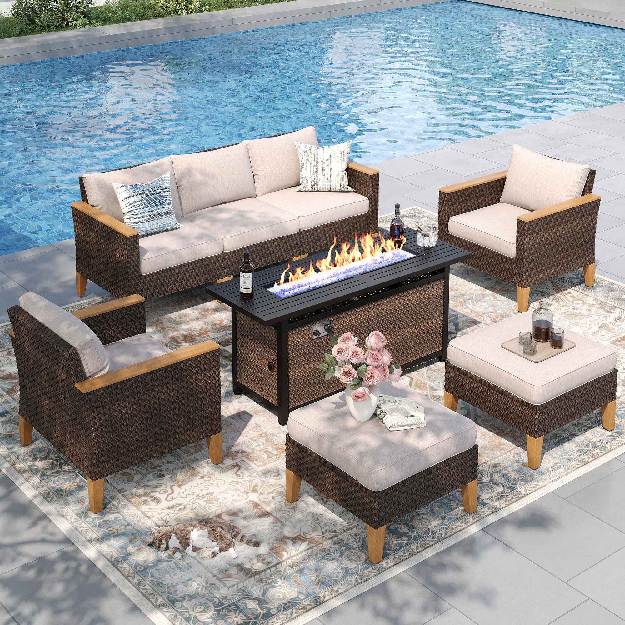 PHI VILLA 8-Piece Outdoor Sectional Patio Conversation Set with 56" Gas Fire Pit Table Table, Outdoor Rattan Furniture Patio Set for 7 Seats with Cushions, Beige (incomplete) 