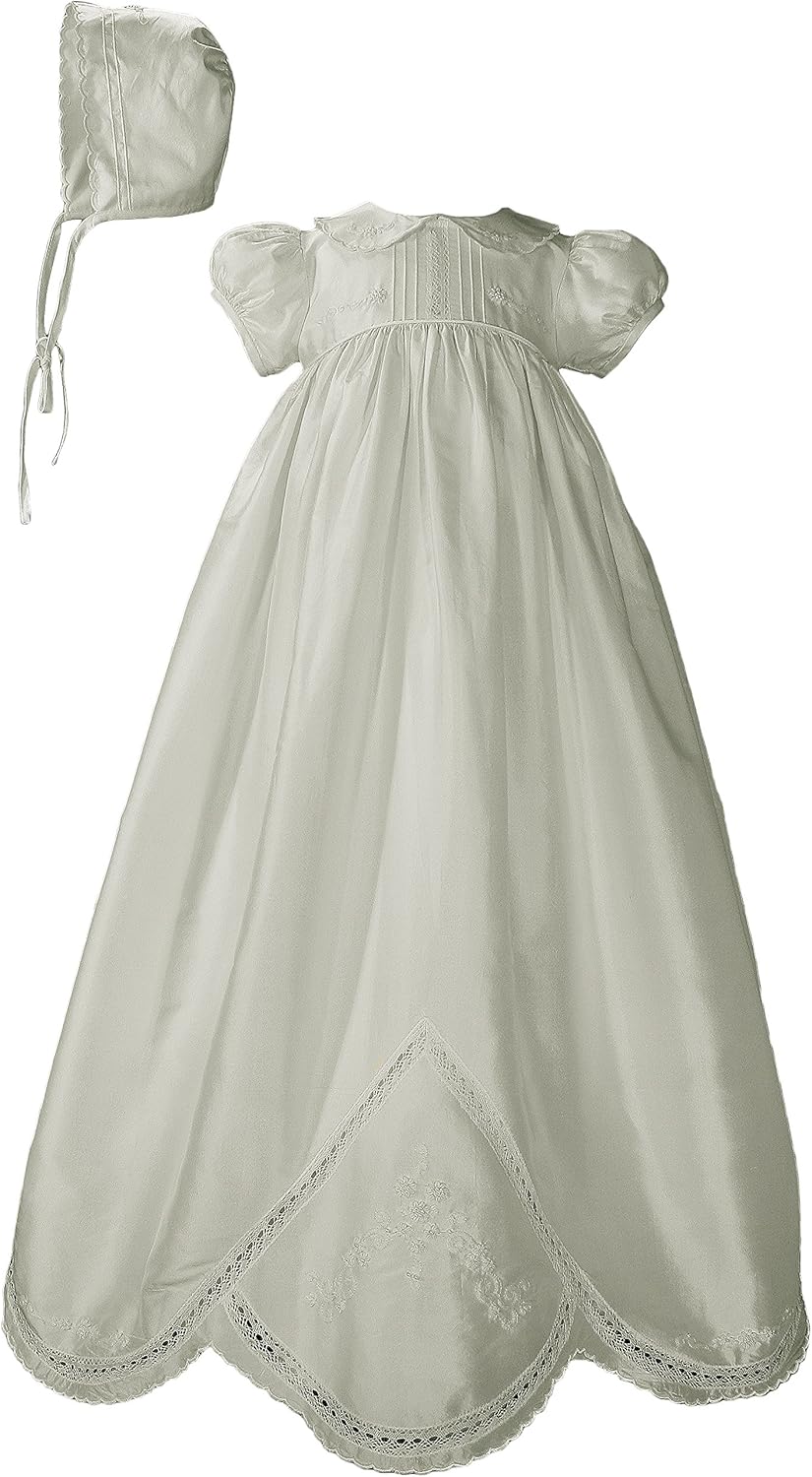 Girls White Silk Dupioni Dress Christening Gown Baptism Gown with Hand Embroidery