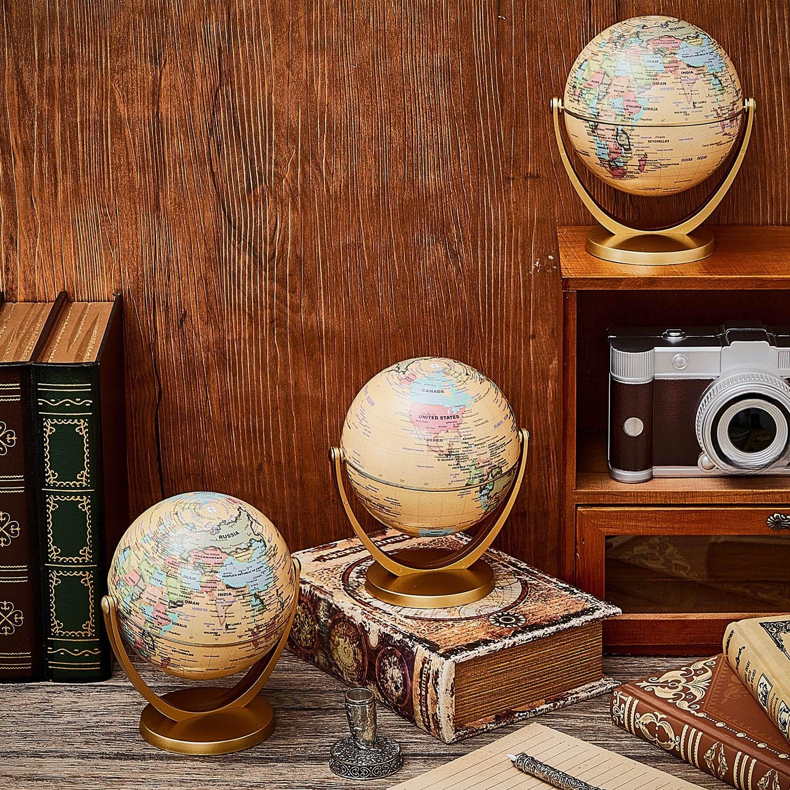 3 mini globos para niños de 4.2 pulgadas, pequeños globos de mapa del mundo antiguo con soportes, decoración geográfica educativa vintage, decoración de escritorio, regalos a granel para 7