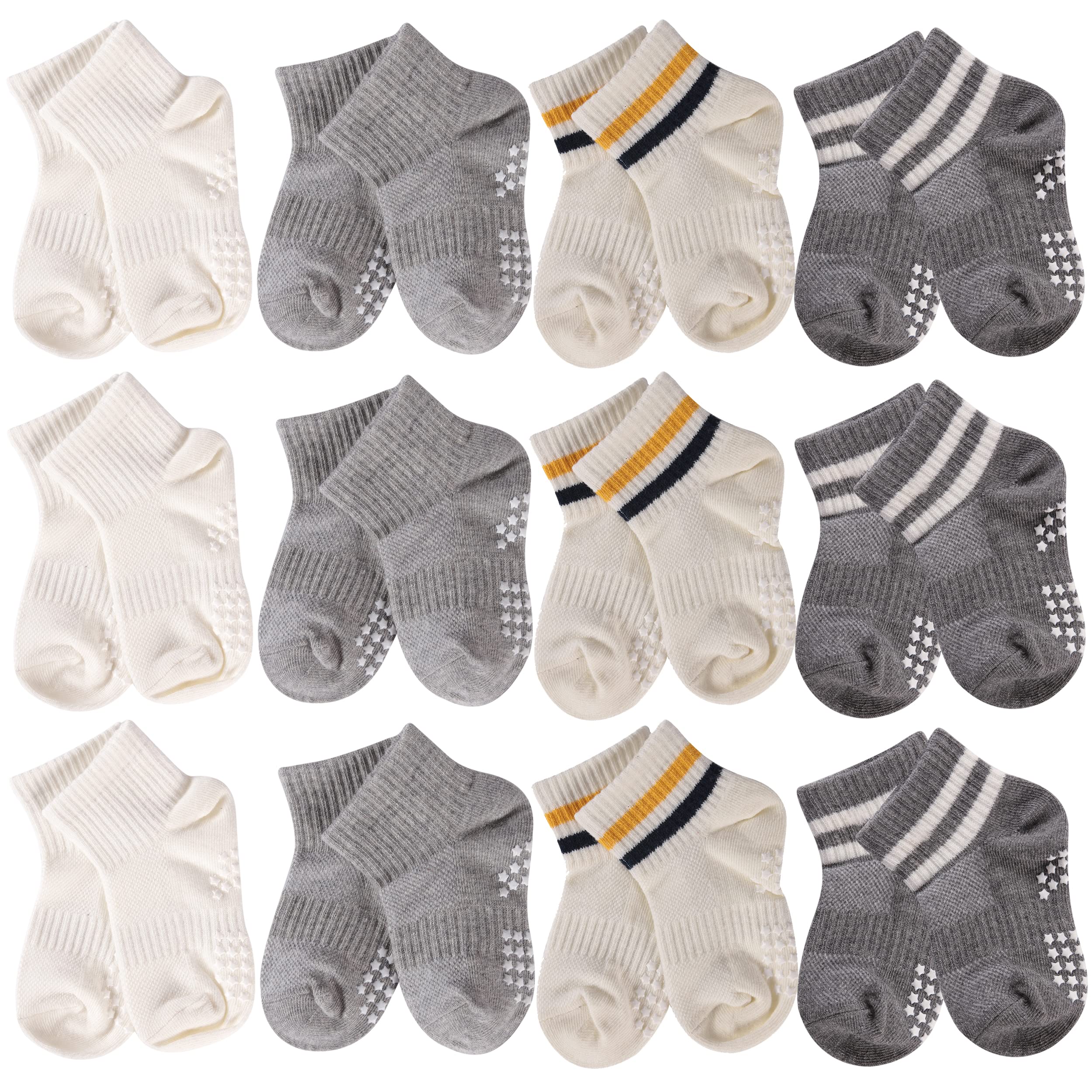HAPYCEO Socks for Boys, Baby Boys Grils Non Slip Anti Skid Athletic Crew Toddler Grip Socks Infant Kids, 12 Pairs, Small, White&Grey