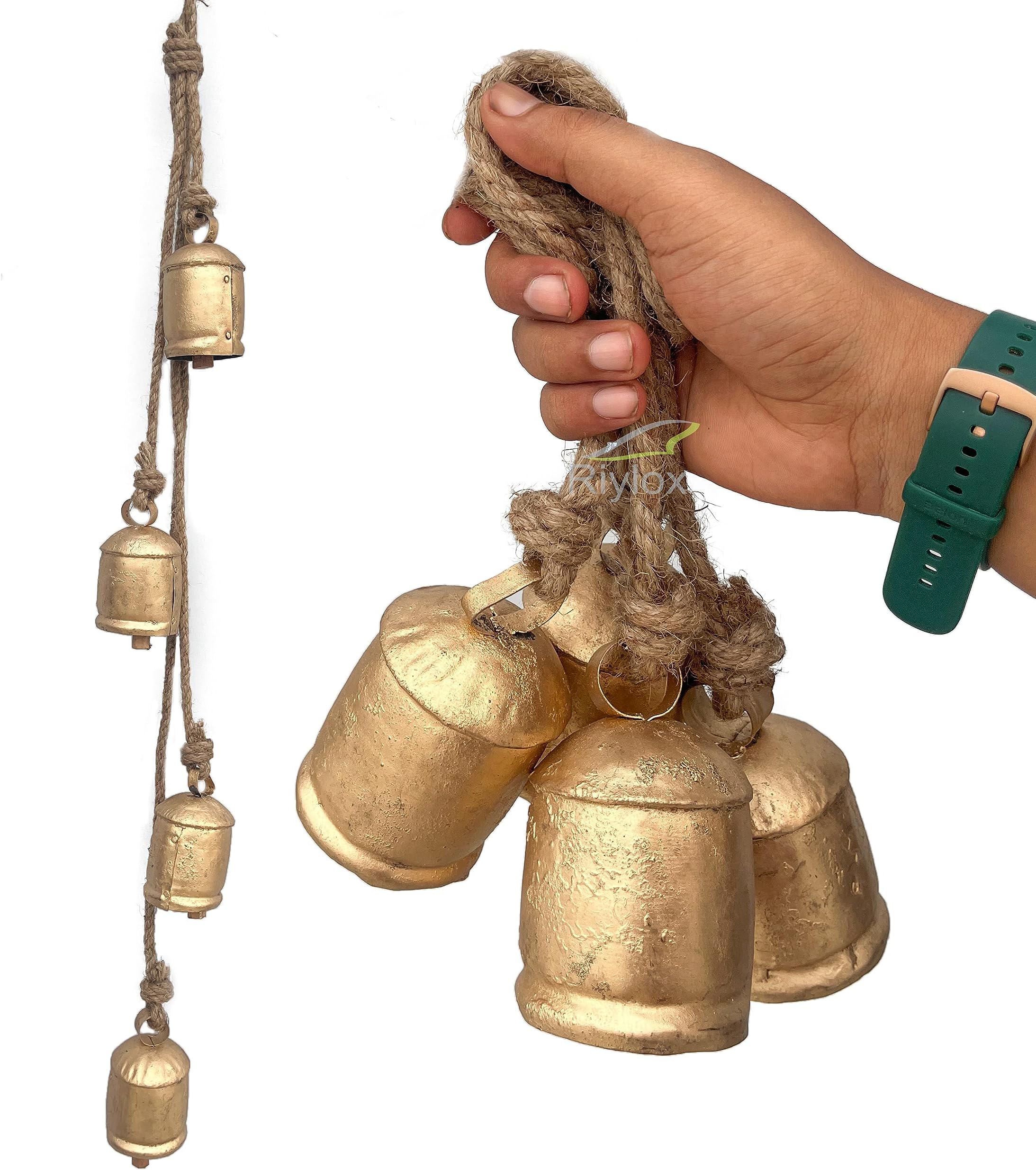 Shabby Chic Bells Set of 4 Hanging Metal Tibetan Inspired Meditation Decorative Cow Bell with Jute Rope Vintage Handmade Lucky Rustic Metal Tranquil Wind Chimes Wall Hanging Decor Gift