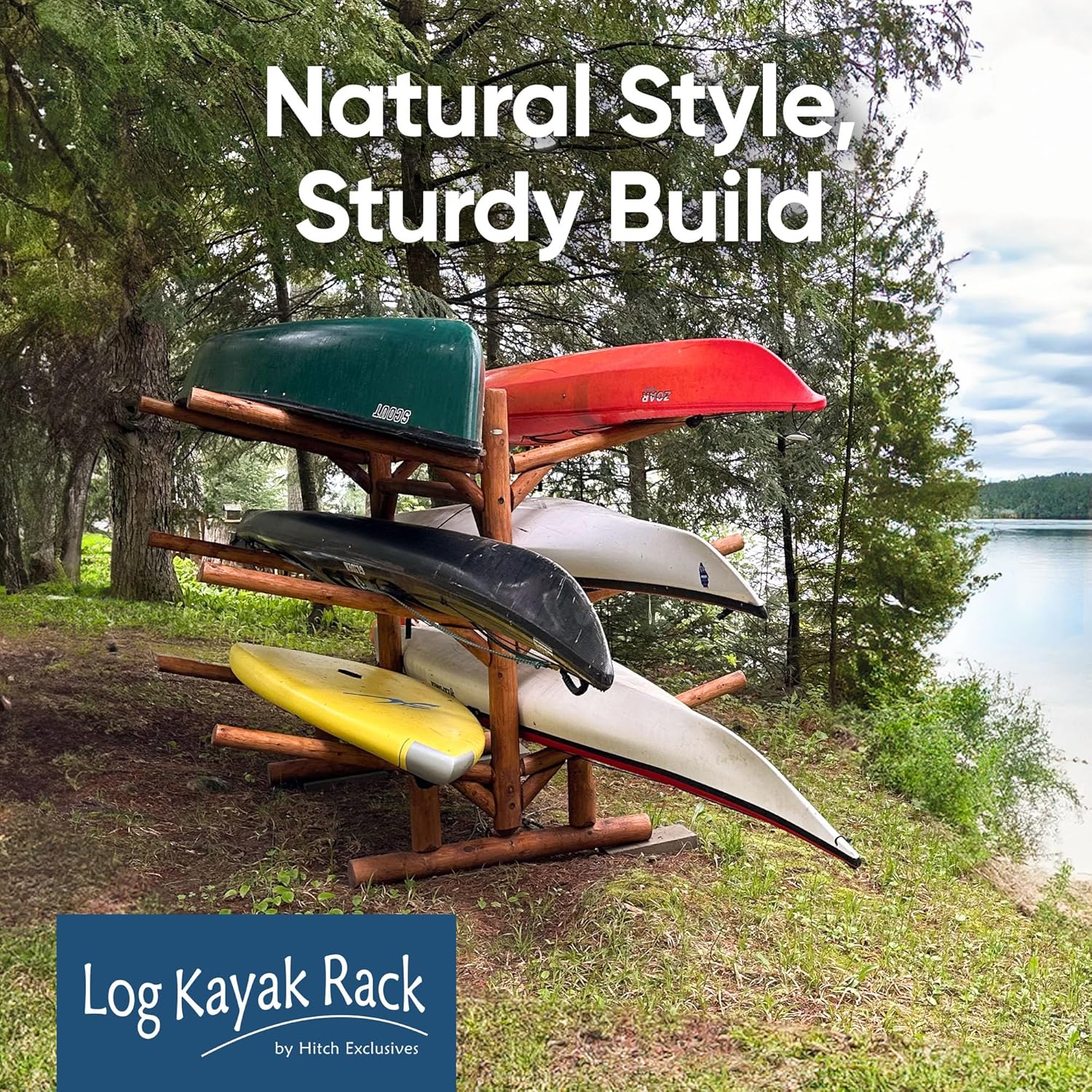 6-Place Log Kayak Rack / Canoe Racks, Freestanding Paddle Board Storages, Surfboard Stand, Canoe Paddles or SUP Storage Racks, Paddle Board Rack for Outdoor Storage