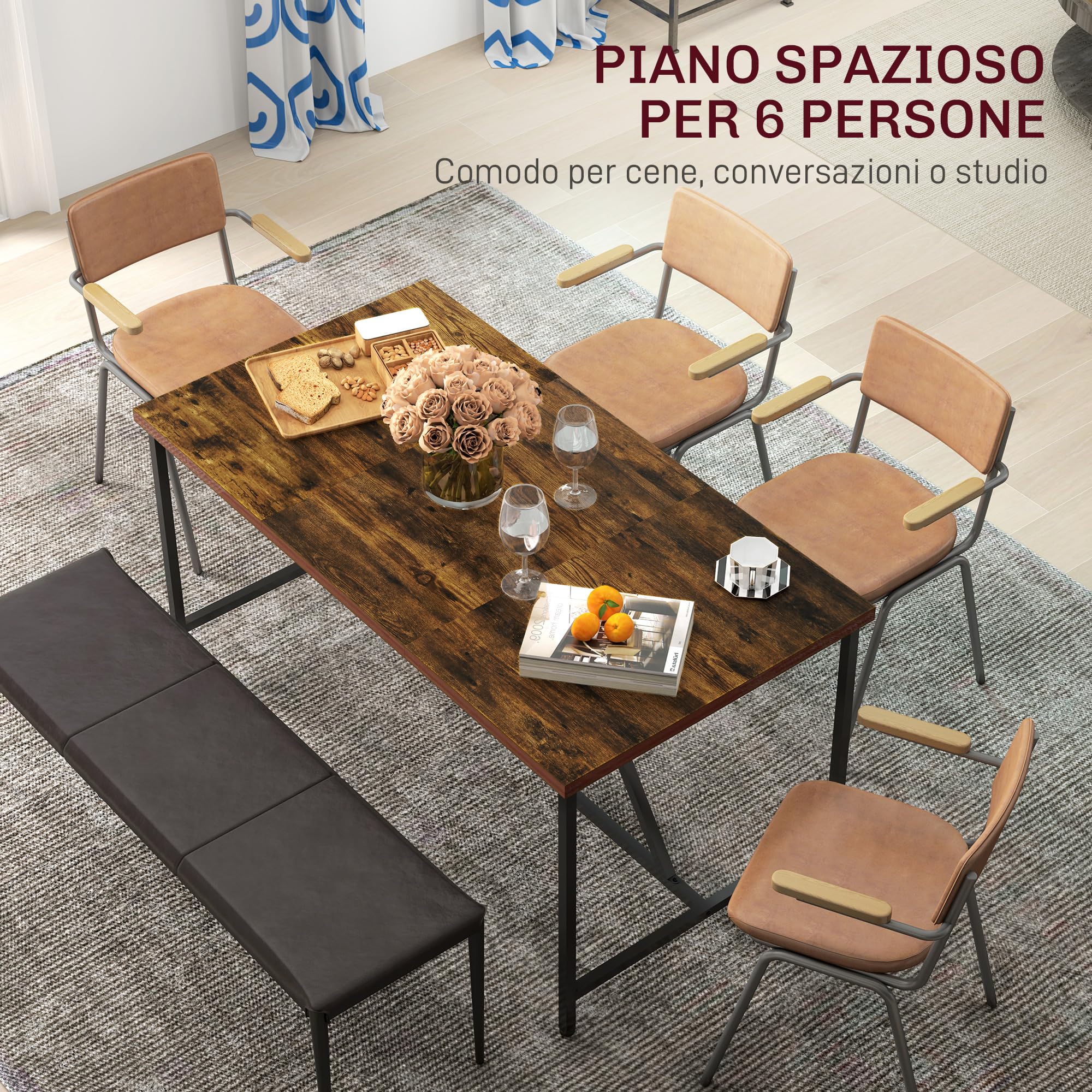 HOMCOM Tavolo da Pranzo Rettangolare per 6 Persone, Tavolo da Cucina in Stile Industriale con Piedini Regolabili in Legno e Acciaio, per Sala da Pranzo, Soggiorno e Studio, 150x80x75 cm, Marrone