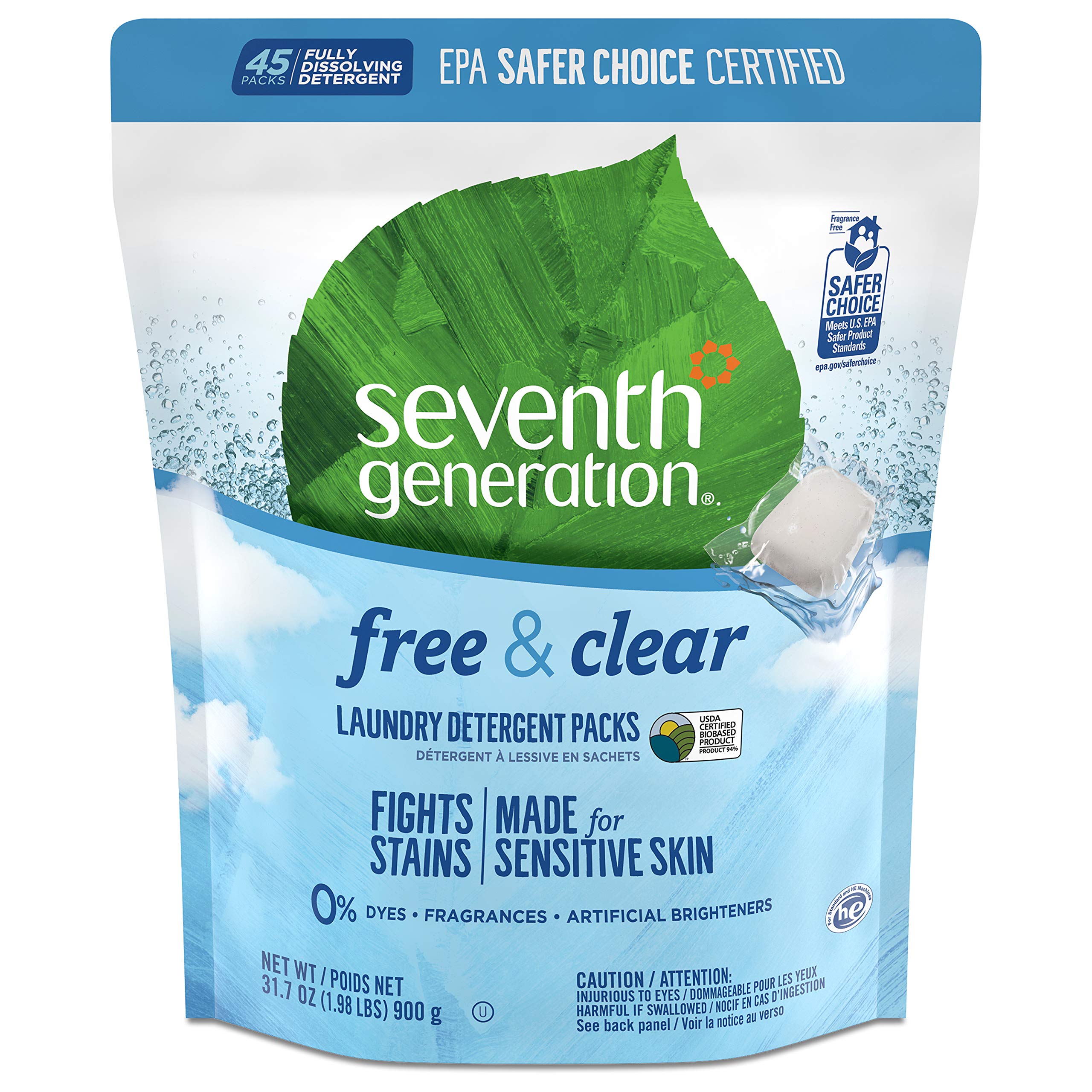 Seventh Generation Laundry Detergent Packs, Free & Clear, Made for Sensitive Skin, EPA Safer Choice Certified, 64 Count