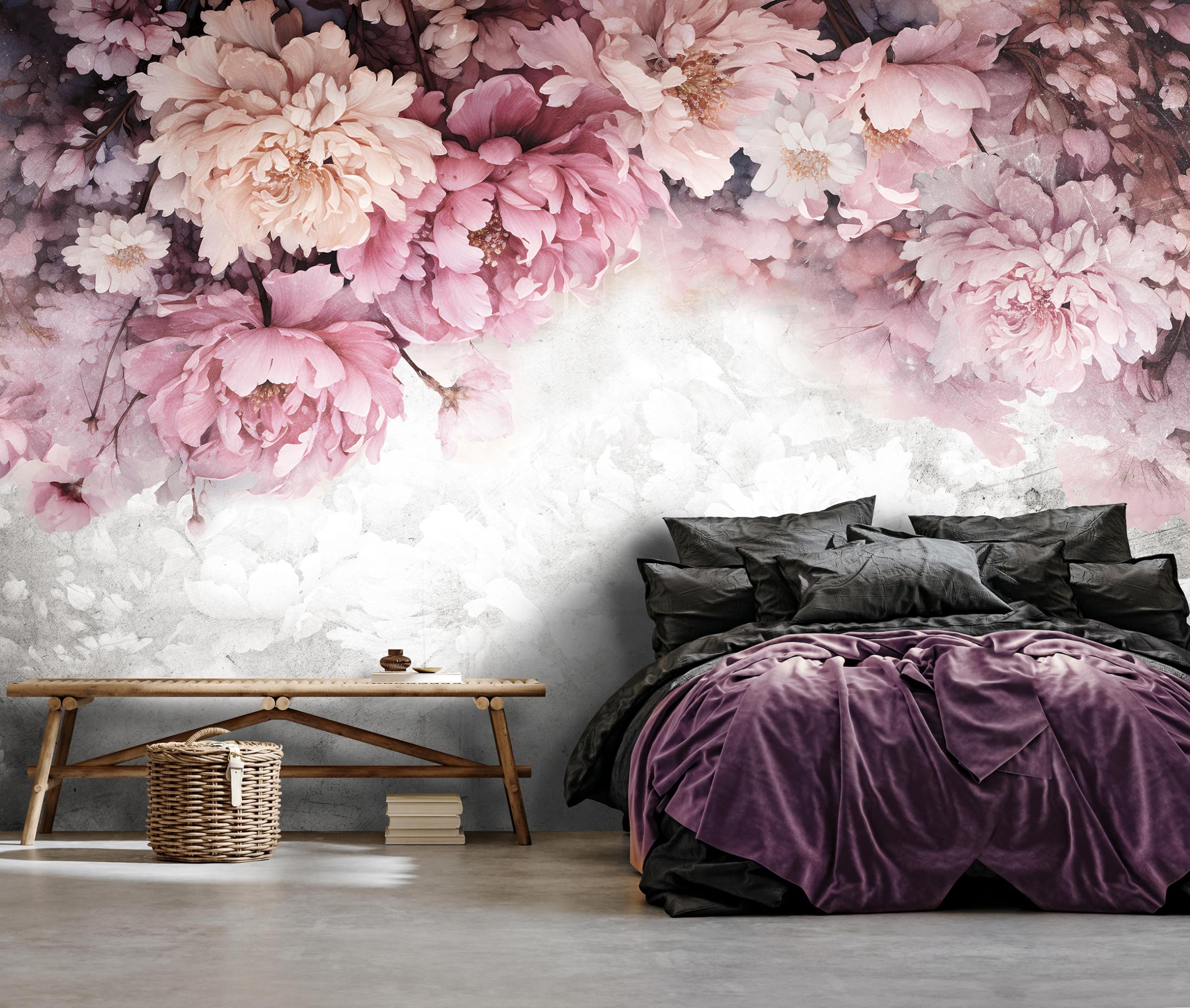 WallArena Vlies Fototapete Blumen Pfingstrosen Rosen Beton 368x254 cm | Hochwertige Vliestapete, für Wohnzimmer Schlafzimmer, Vliestapete Wandtapete Tapete 3D Effekt- inkl. Kleister