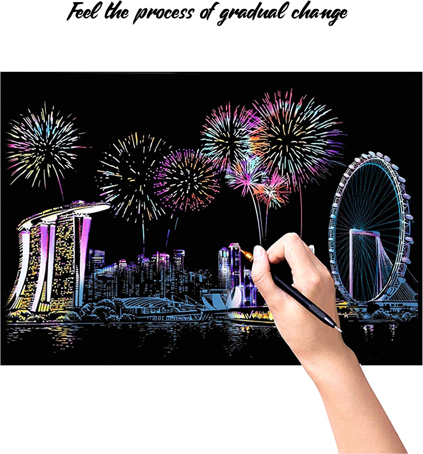 Rainbow Scratch Painting Paper，Rainbow Painting Sketch Pad Adult City Night View - [2PC, with Tools] 16.5X 11.5 inches (Victoria Harbour + Singapore)
