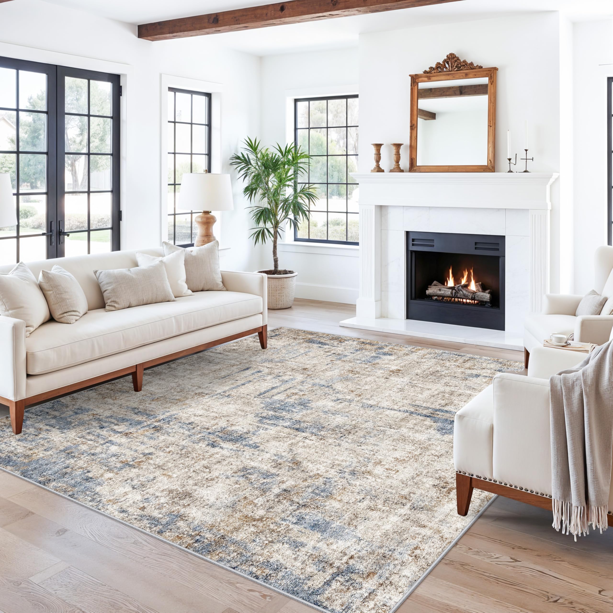 ZHXXUJ 7x7 Square Washable Area Rug, Non-Slip Indoor Rug for Living Room Bedroom Dining Room, Low Pile Stain Resistant Modern Abstract Neutral (Blue Brown)