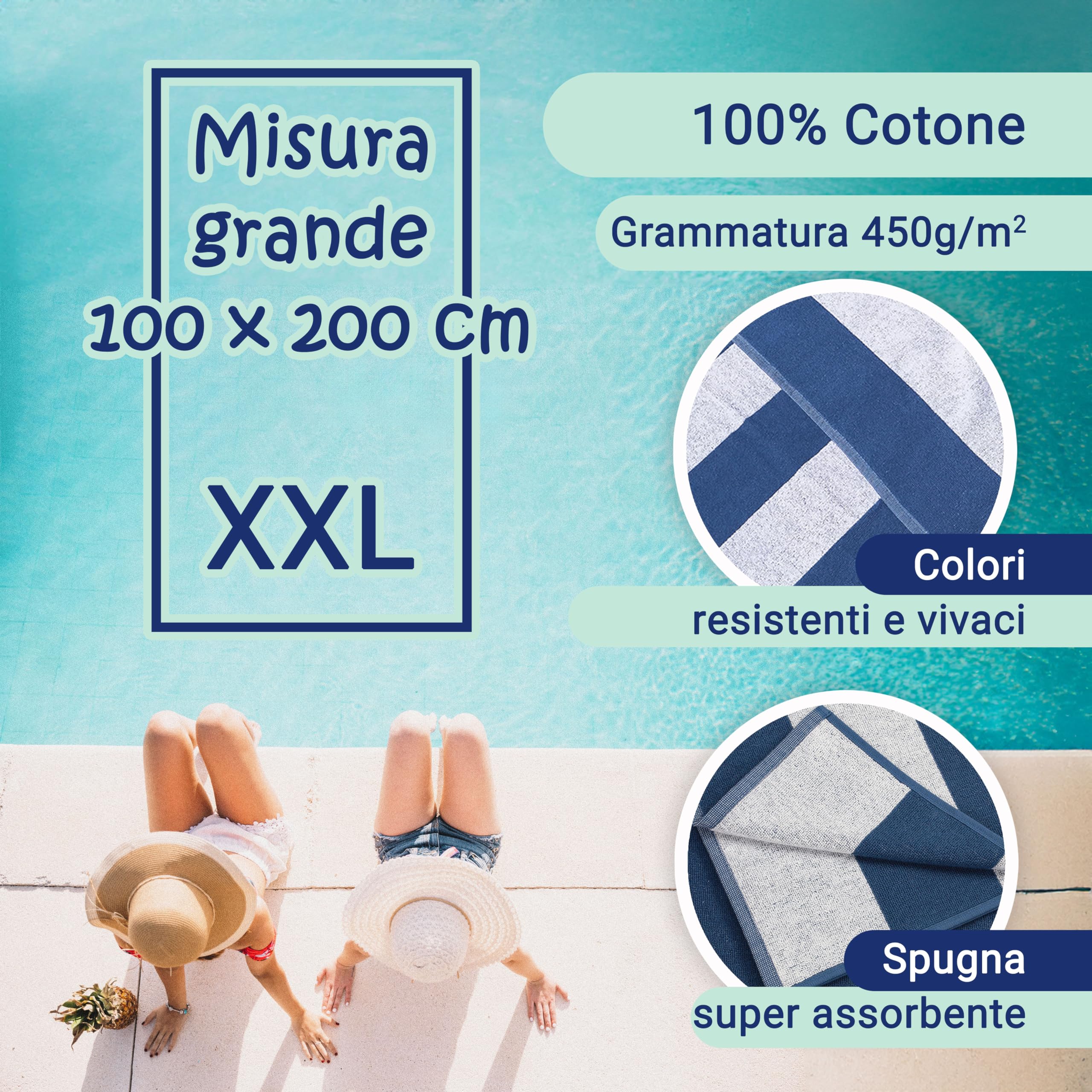 ZOLLNER Telo mare - asciugamano da spiaggia resistente e assorbente in 100x200 cm - lavabile a 60°C - cotone - blu con righe bianche - certificato OEKO TEX (R)