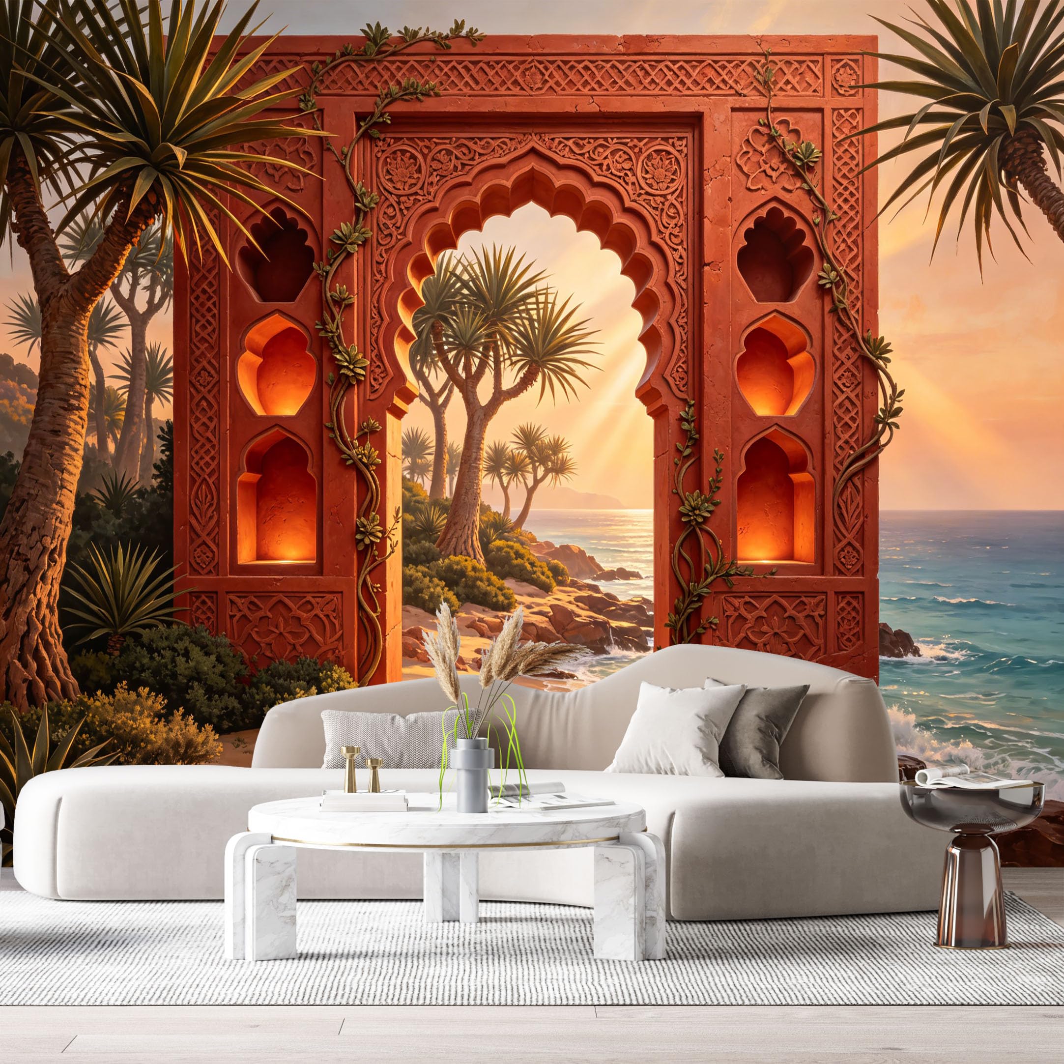 Custom Size Wall Murals Archway Coastal Sunset Palm Trees Geometric 3D Trompe L'Oeil SelfAdhesiveWall Fabric Removable Wallpaper Wall Decor for Living Room Bedroom Bathroom