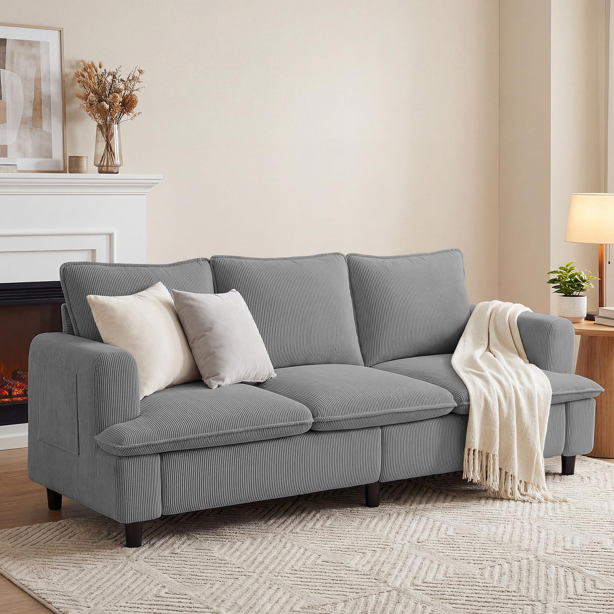 GRUSIGN 3 Seater Couch, 83" Comfy Corduroy Sofa with Deep Seat, Modern Sofa Couch for Living Room, Office, Bedroom, Apartment (Pillows not Included)