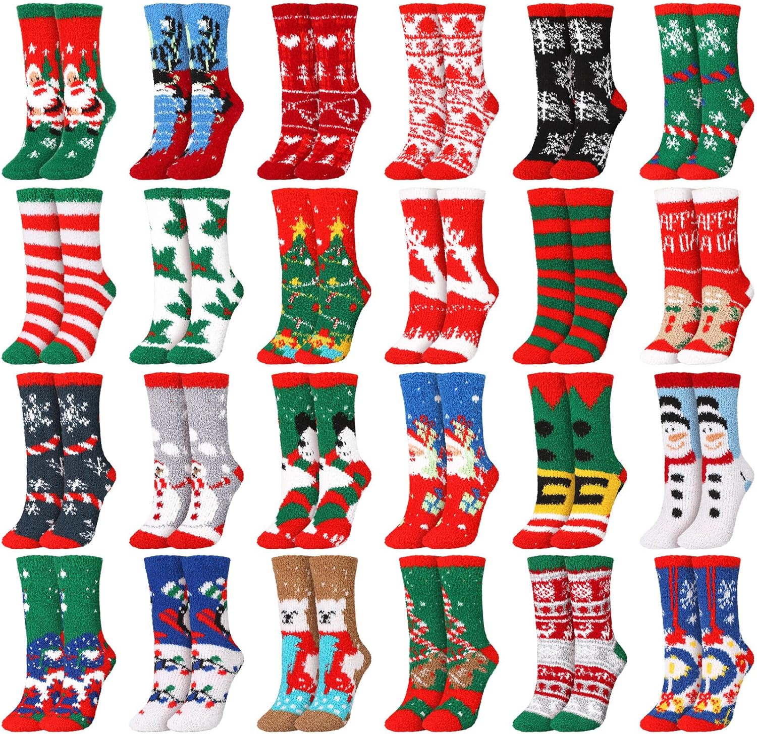 Jeyiour 24 Pair Christmas Fuzzy Socks for Women Girls Gifts Funny Cozy Fluffy Winter Warm Slipper Xmas Holiday Socks Warm Crew Gifts
