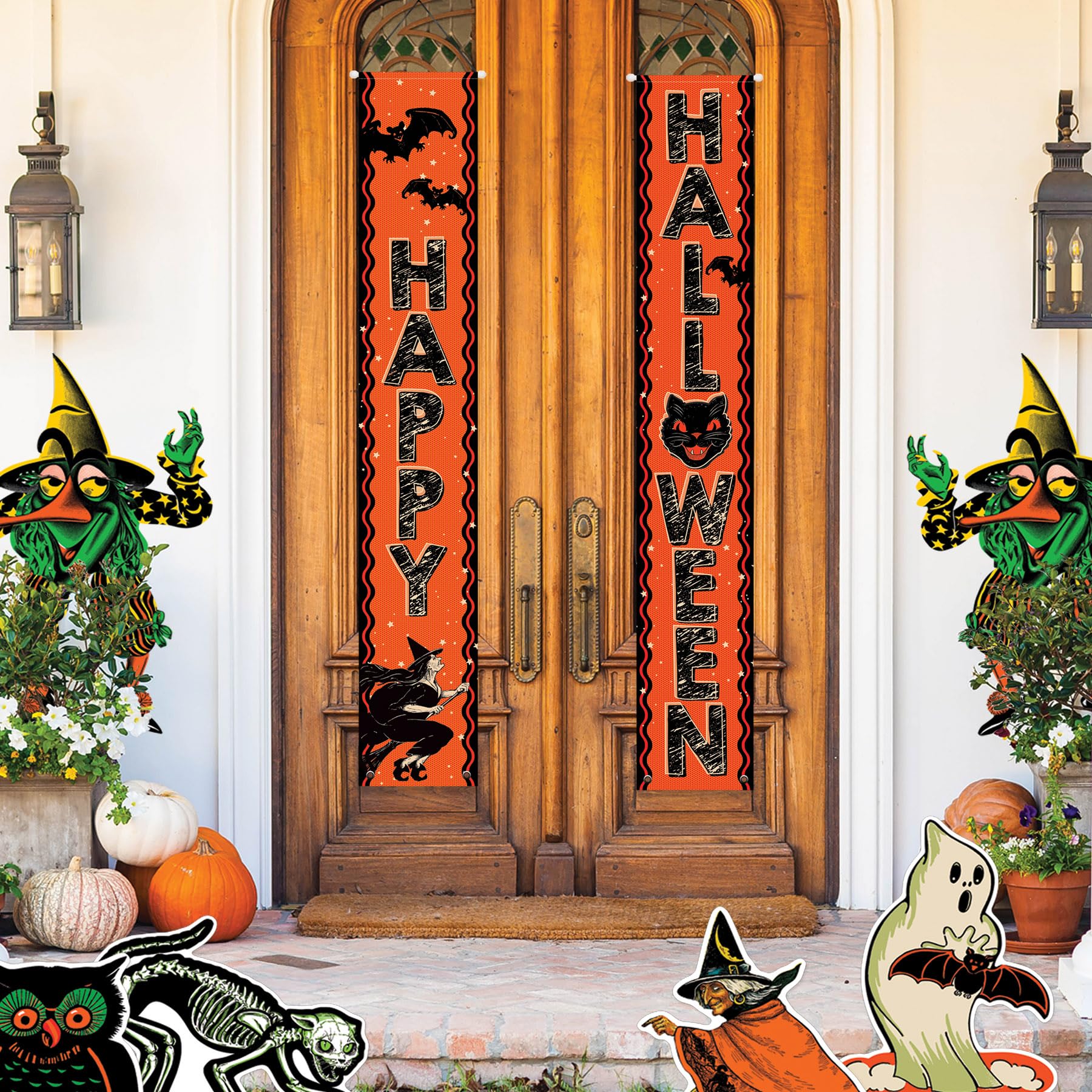Beistle Tkanina Vintage Halloween Dekoracje Zestaw paneli drzwiowych, do użytku wewnątrz/na zewnątrz, świętujemy z Tobą od 1900 roku, 15 x 32 cm, pomarańczowy/czarny