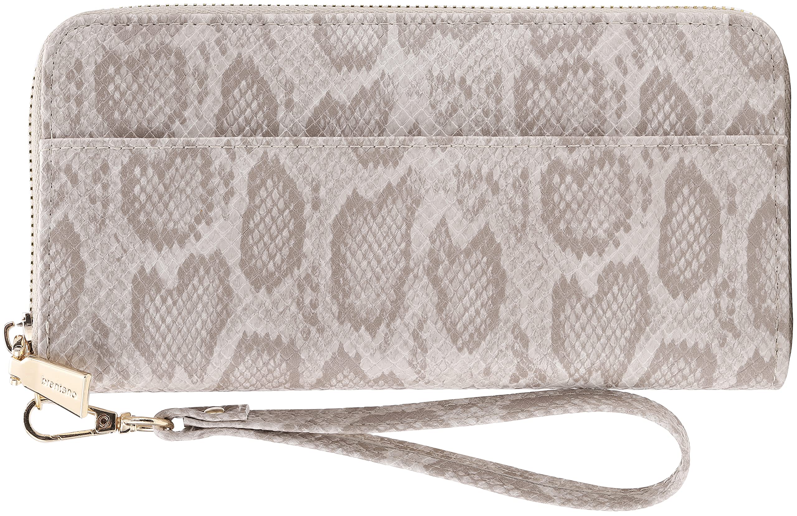 B BRENTANO Vegan Leather Slim Single-Zipper Wallet with Pocket, Wristlet and Tassel Accent (Python Cream)
