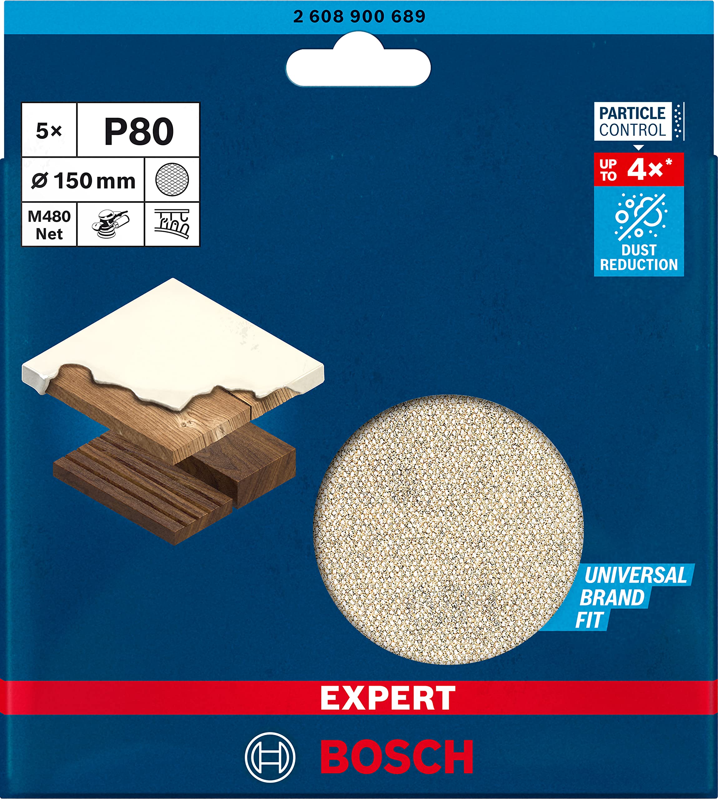 Bosch 5x Siatki ścierne EXPERT M480 (do Farba na drewnie, Twarde drewno, Ø 150 mm, Ziarnistość 80, Professional Akcesoria Szlifierka mimośrodowa, Szlifierka oscylacyjna)