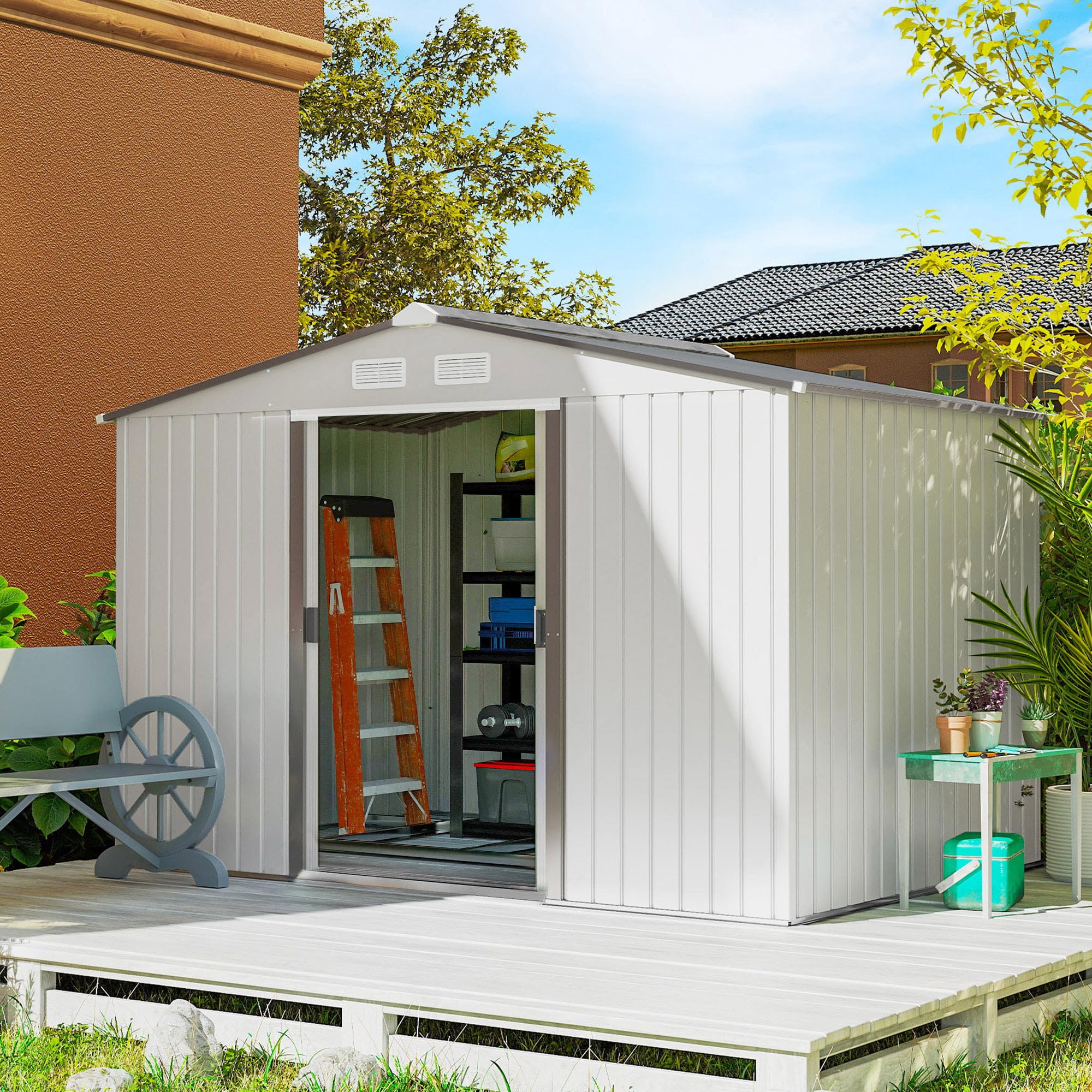 Outsunny 9' x 6' Garden Storage Shed with Foundation Kit, Metal Tool Storage House with Double Doors for Outdoor Patio Yard, Dark Grey — view 17