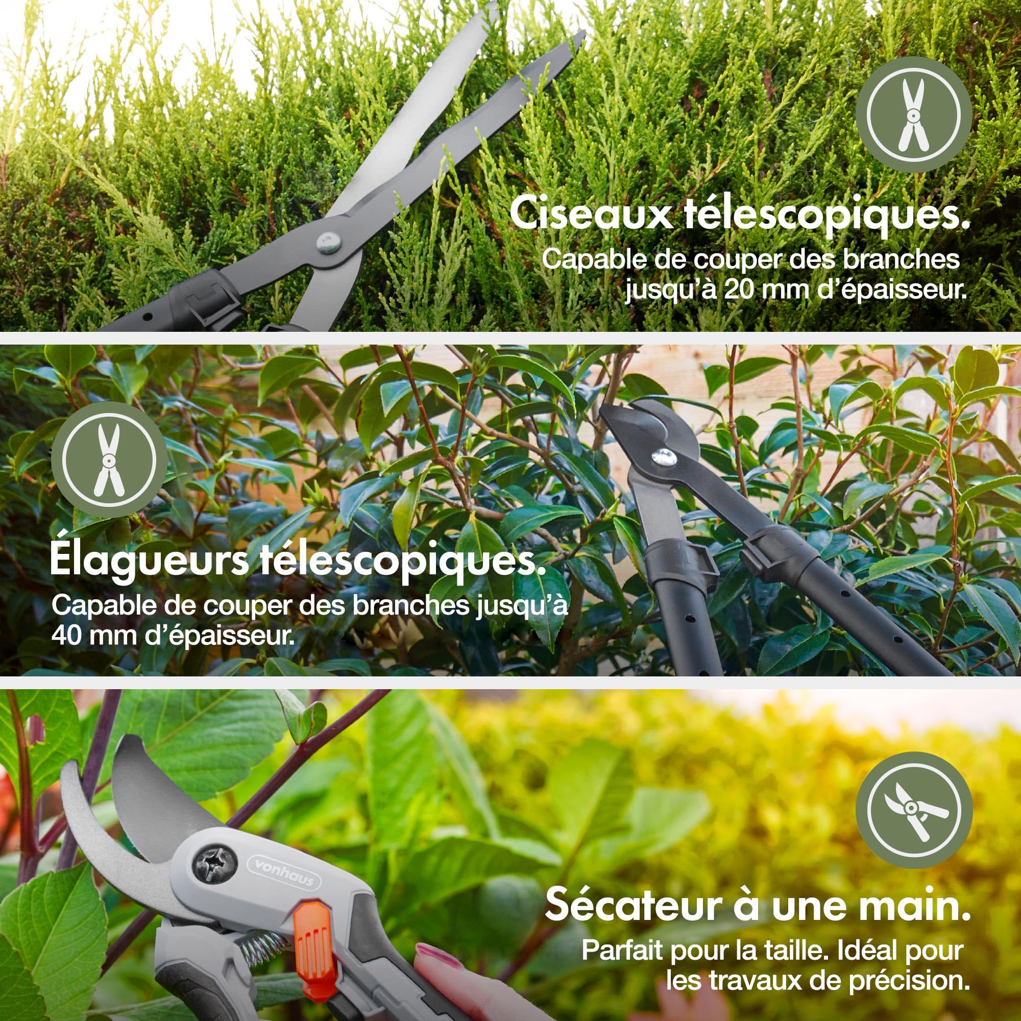 VonHaus Lot de 3 Cisailles de Jardin – Coupe-Branches, Taille-Haie, Sécateur – Poignées Télescopiques Extensibles – Prise Douce – Outils Légers