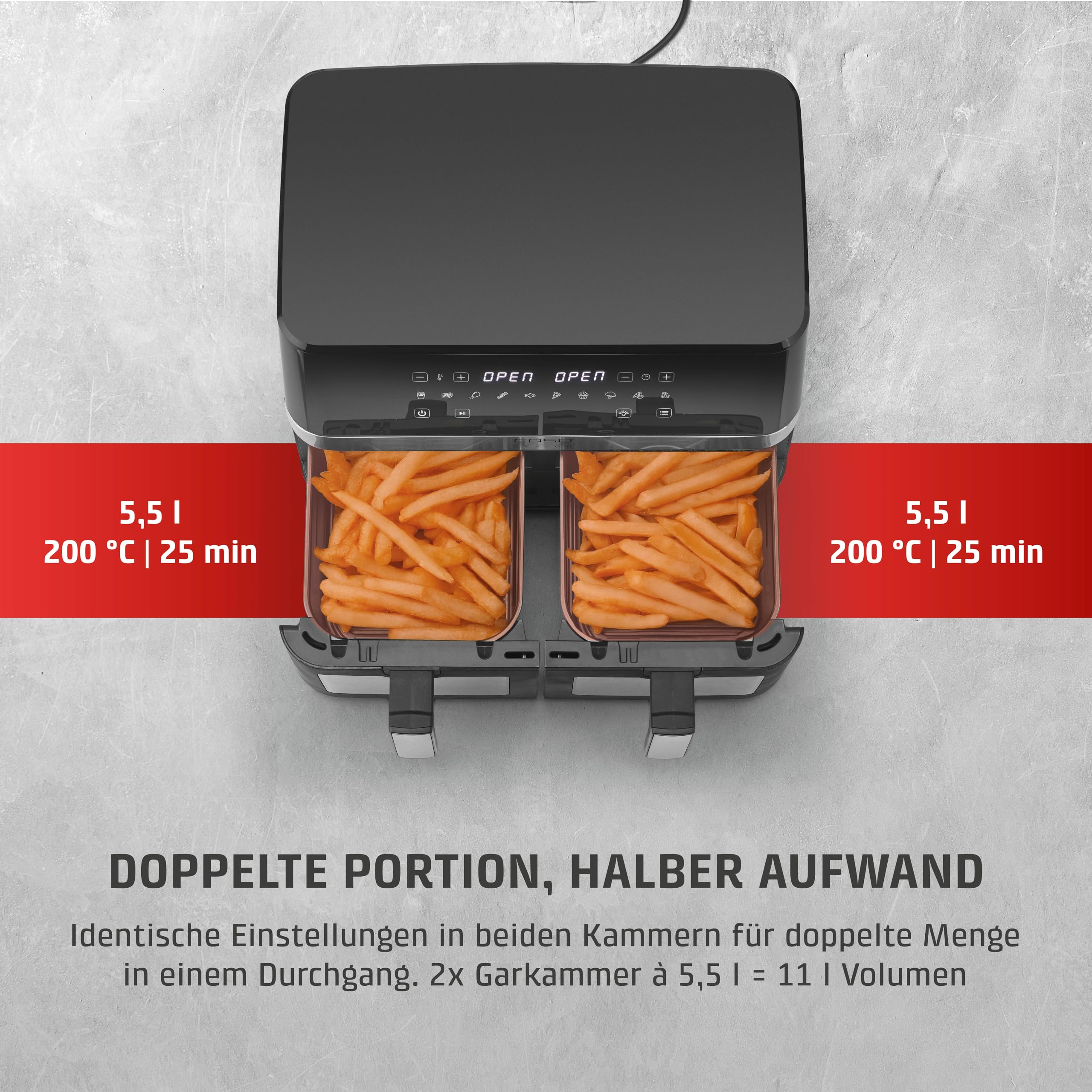 CASO AirFry DuoChef -Heißluftfritteuse mit 2 Kammern, 14L Volumen, nahezu fettfrei, 10 Programme, 50-200°C, Timer, LED-Anzeige, Sichtfenster, SHAKE-Reminder, spülmaschinengeeignet