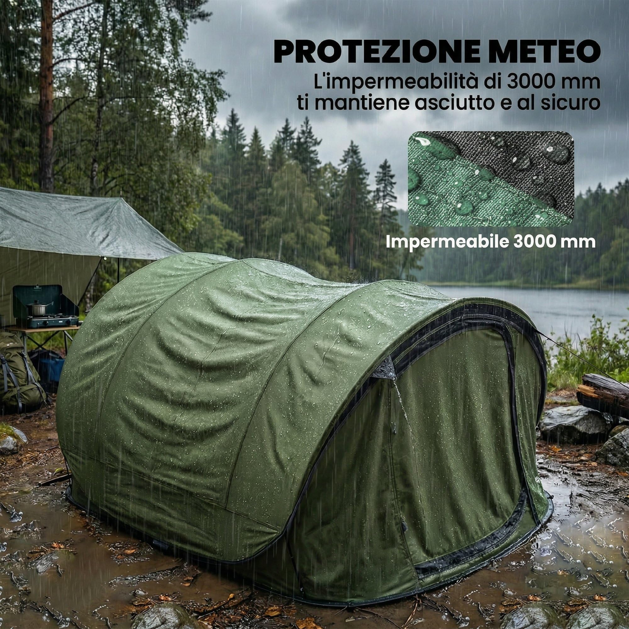 Outsunny Tenda da Campeggio Pop Up 4 Persone, Impermeabile 3000mm, con Borsa, Verde