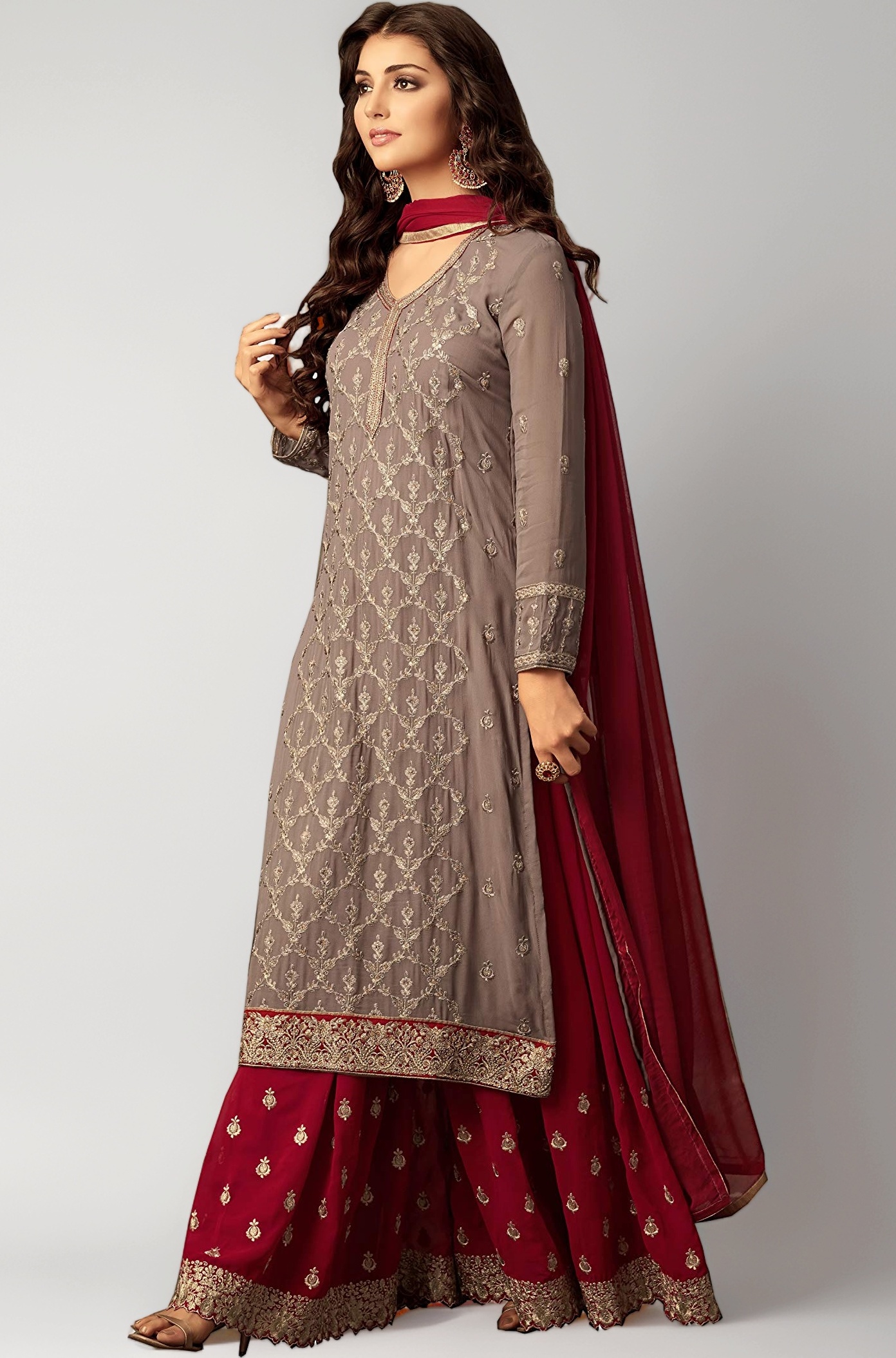 Women's Georgette Semi Stitched Sharara Salwar Suit (47001_Red)