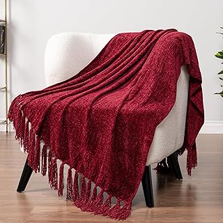 PAVILIA Burgundy Red Chenille Throw Blanket for Couch Sofa, Soft Maroon ...