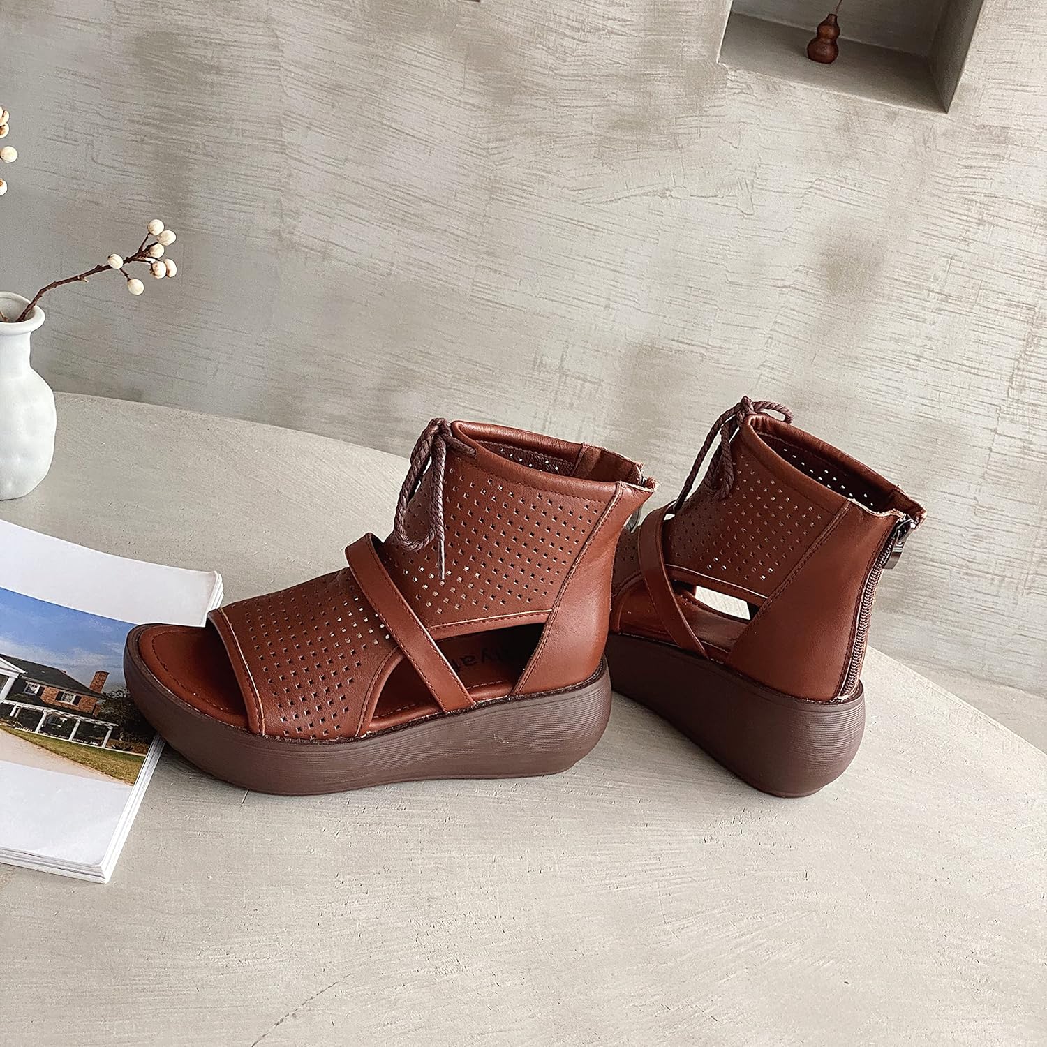 Women High Top Boot Sandals Open Toe Cutout Leather Sandals for Women - Image 9