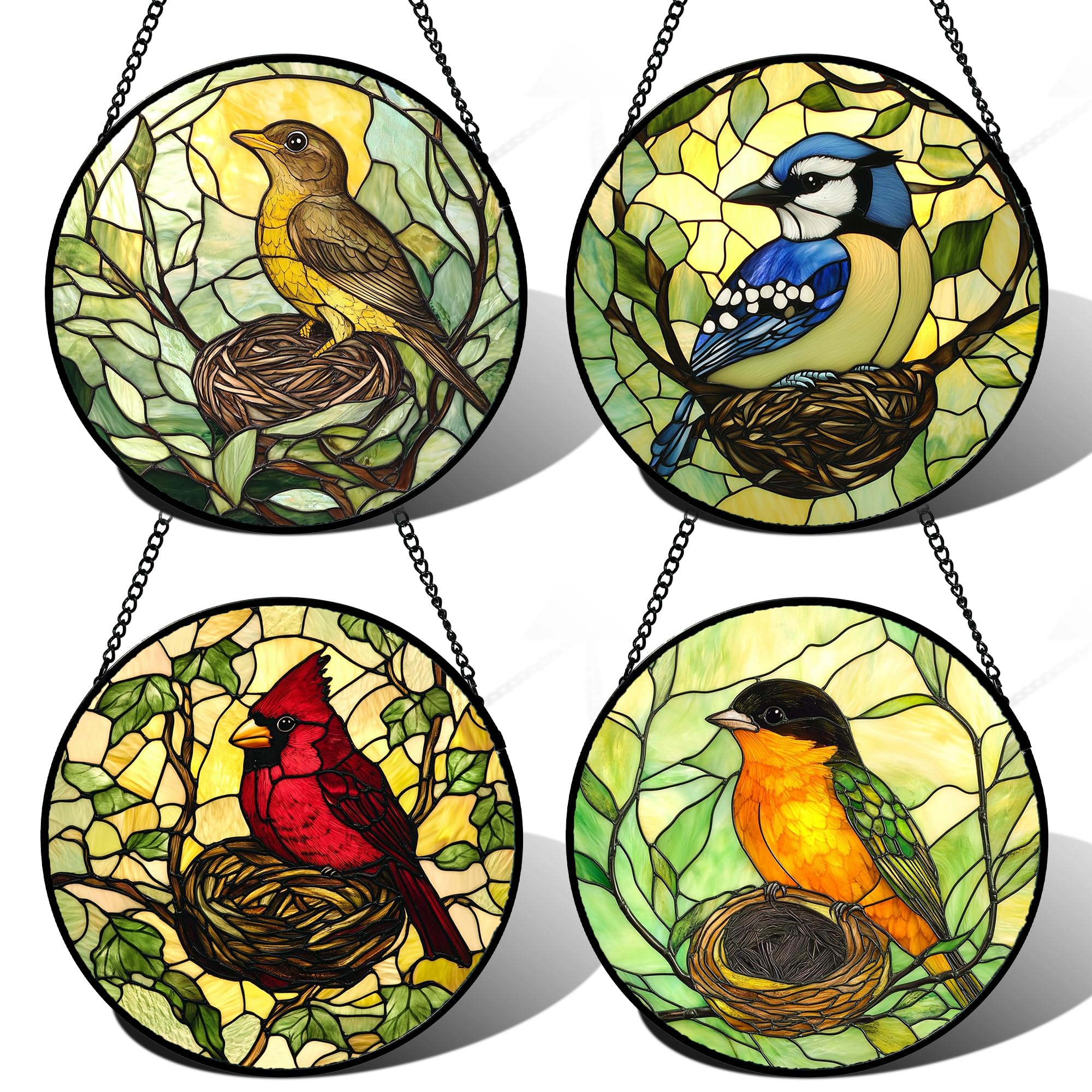 DASTOLL Stained Glass Window Hanging 4 Pcs Set Bird Theme On Branch 6.3" - Cardinal Suncatcher Door Garden Sun Catcher Decor Birthday Christmas for Mom Woman Nana Men