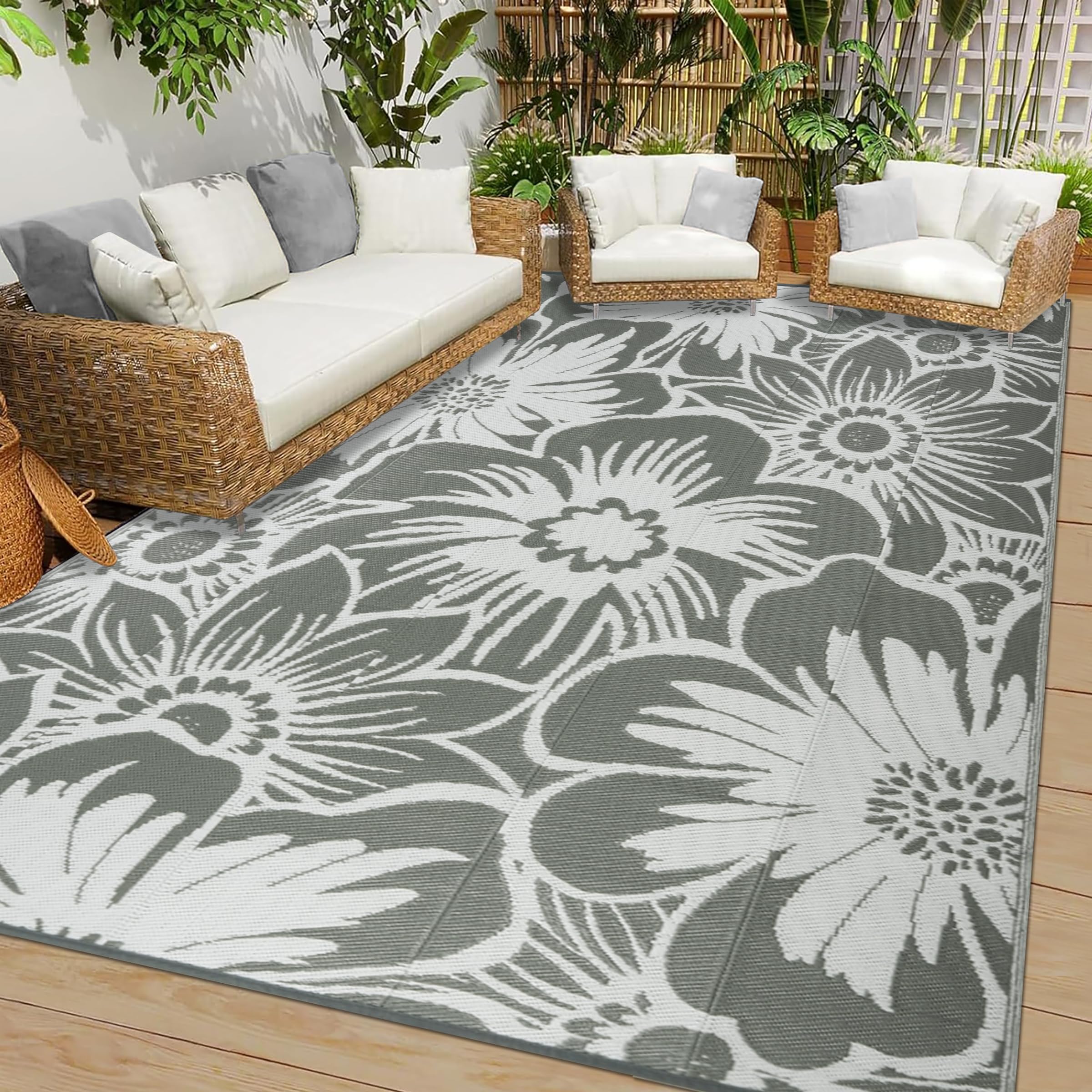 Cekene Outdoor Rugs for Garden Waterproof 180x270cm Grey Flora Reversible Plastic Garden Rug UV Resistant Outdoor Area Floor Mat for Outside BBQ Deck Balcony Porch